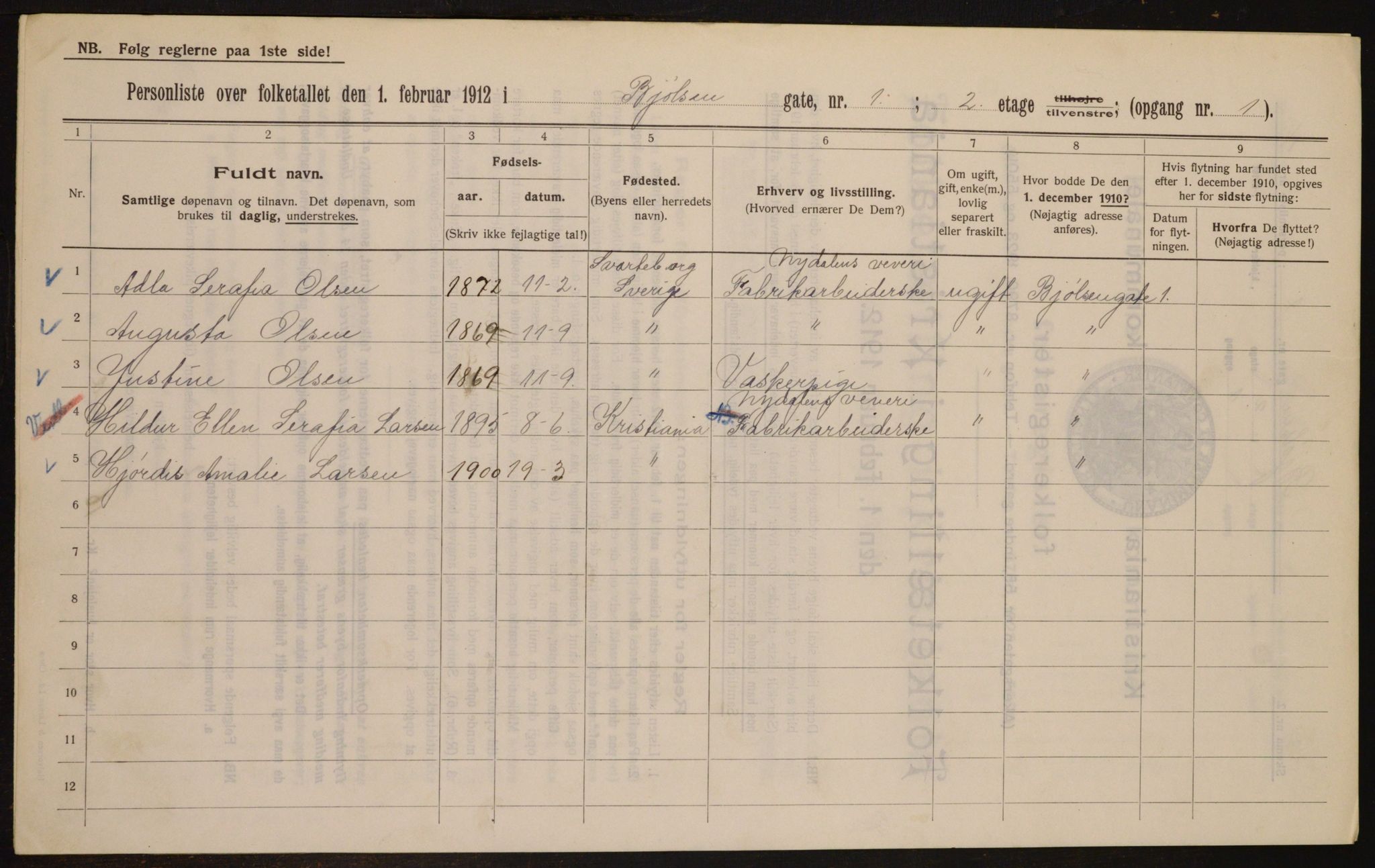 OBA, Kommunal folketelling 1.2.1912 for Kristiania, 1912, s. 6291