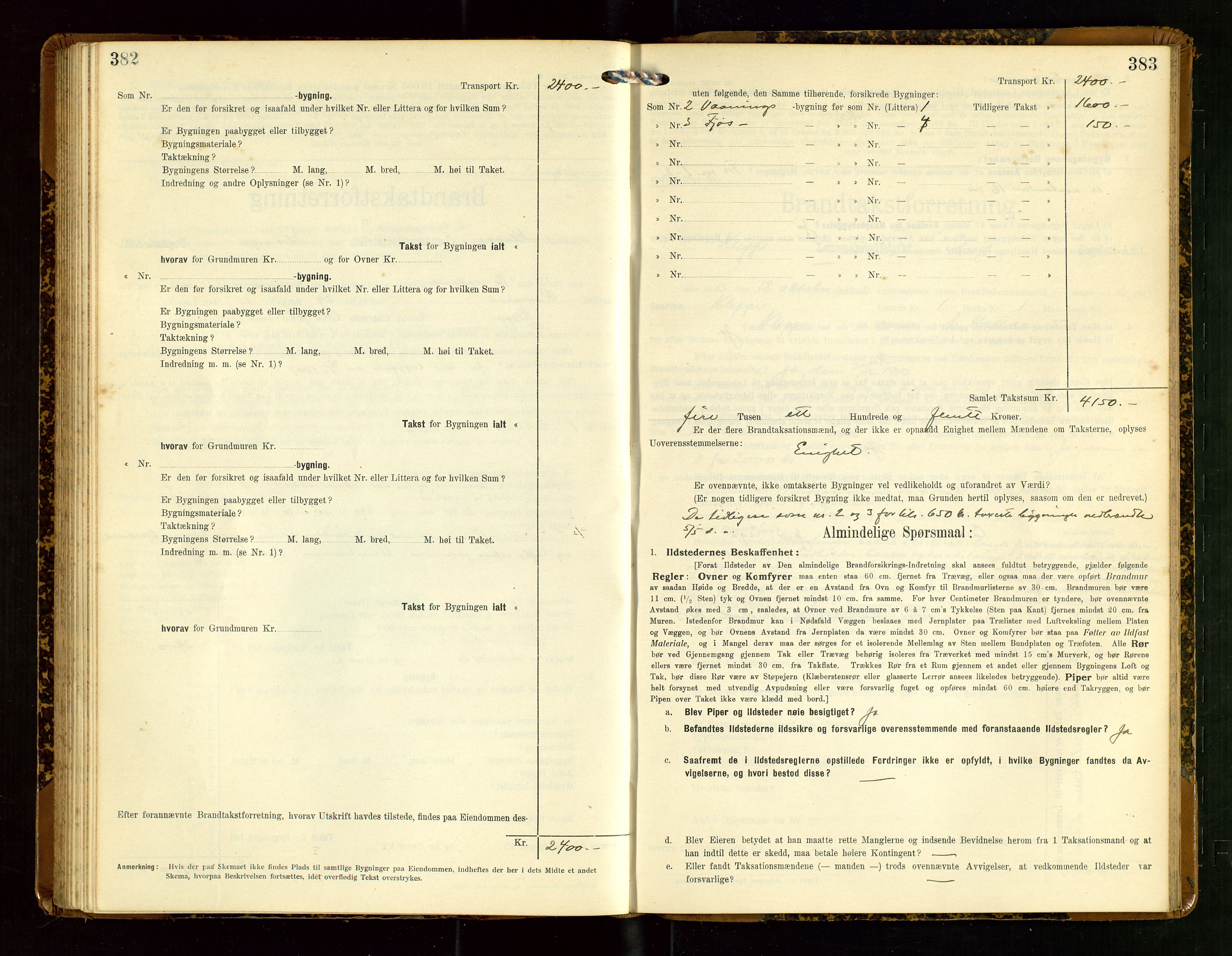 Klepp lensmannskontor, AV/SAST-A-100163/Goc/L0007: "Brandtaxationsprotokol" m/register, 1911-1915, s. 382-383