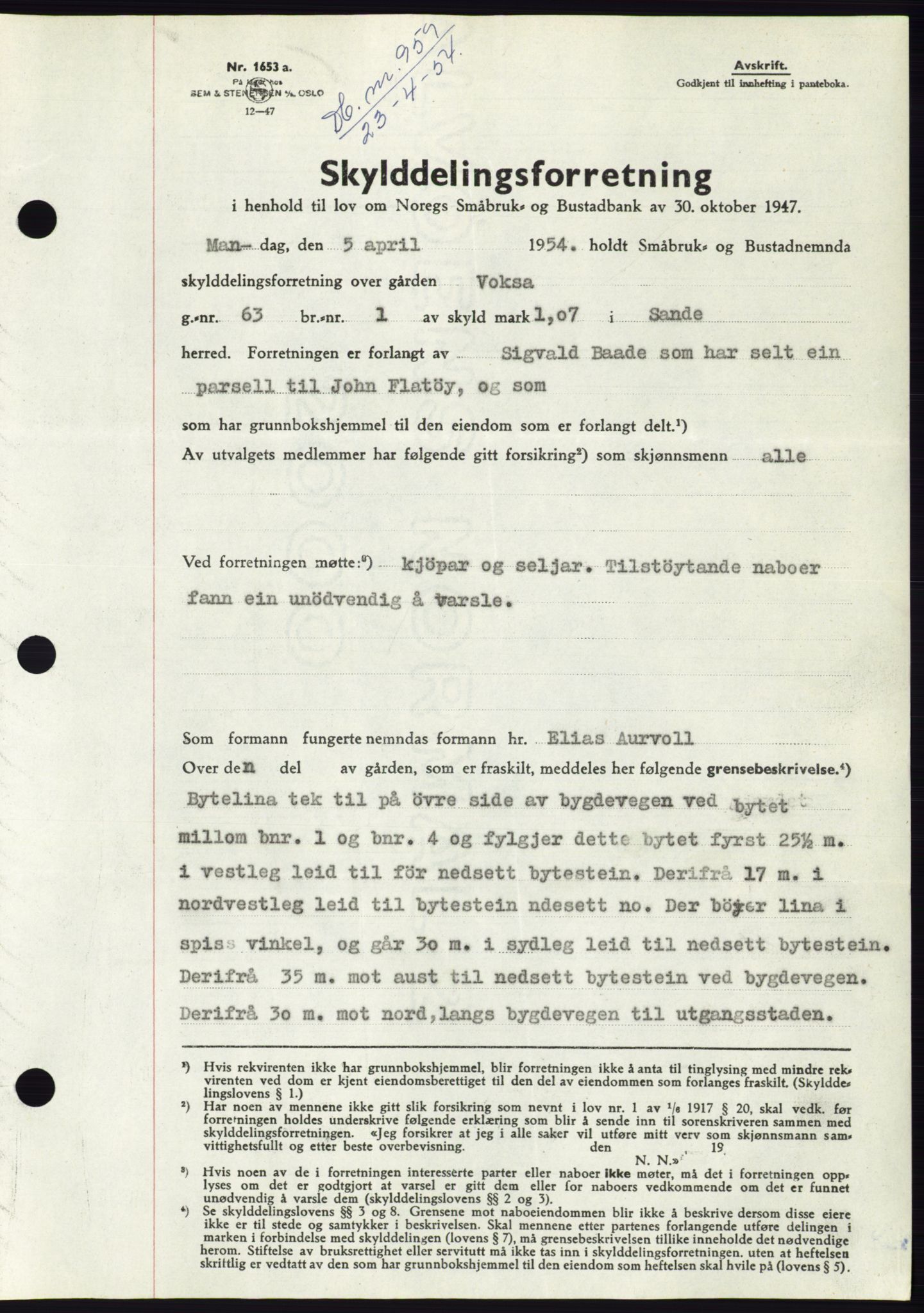 Søre Sunnmøre sorenskriveri, SAT/A-4122/1/2/2C/L0097: Pantebok nr. 23A, 1954-1954, Dagboknr: 959/1954