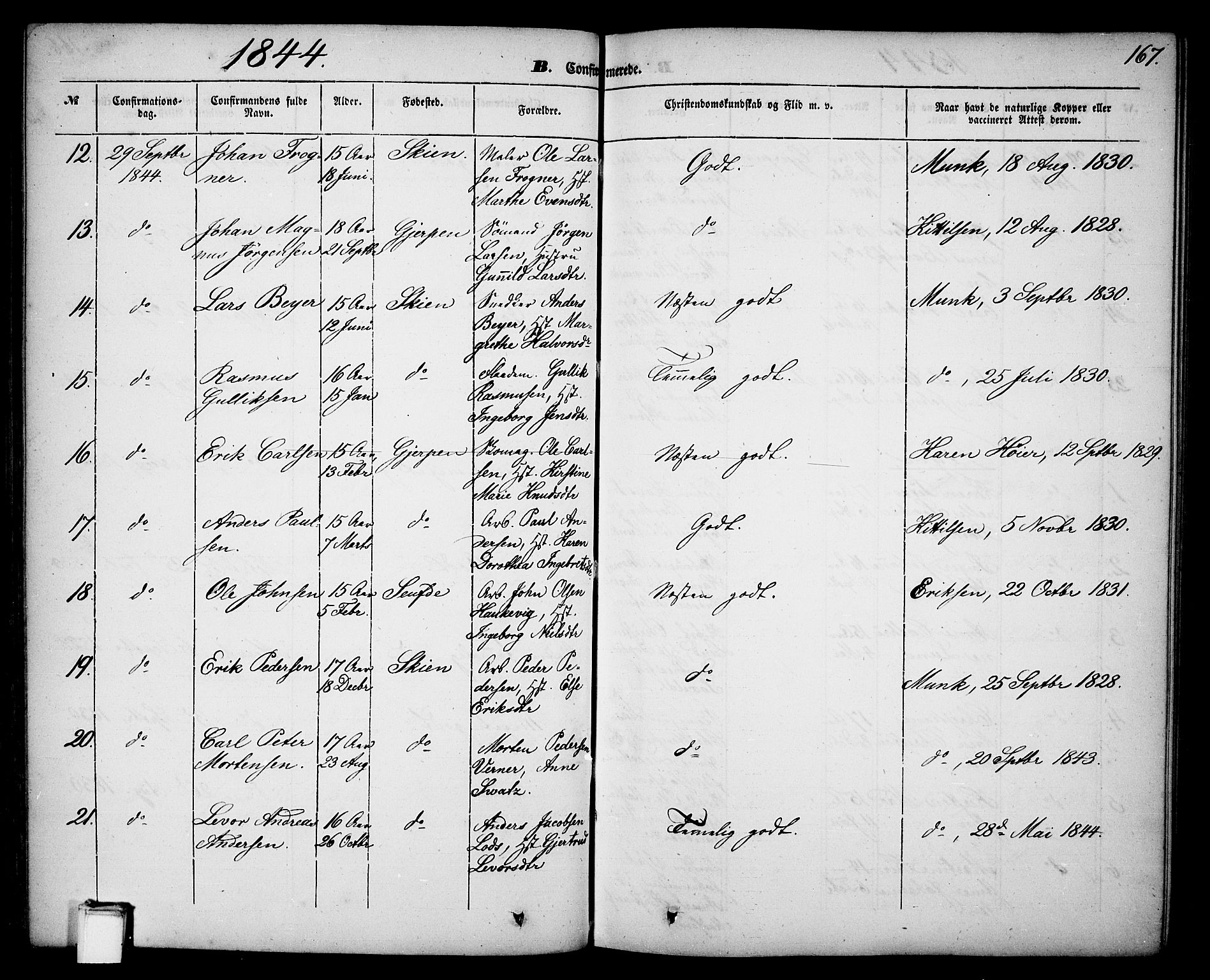Skien kirkebøker, SAKO/A-302/G/Ga/L0004: Klokkerbok nr. 4, 1843-1867, s. 167