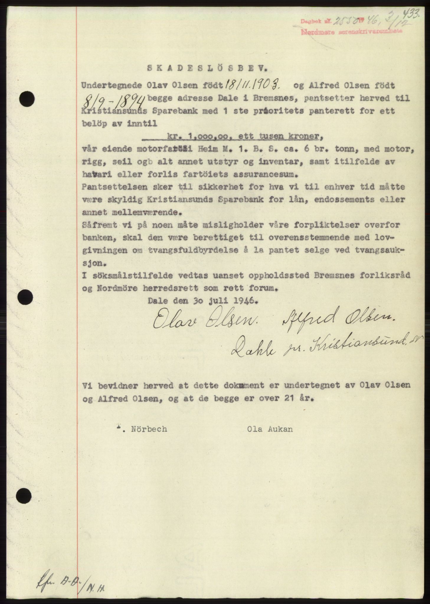 Nordmøre sorenskriveri, SAT/A-4132/1/2/2Ca: Pantebok nr. B95, 1946-1947, Dagboknr: 2550/1946