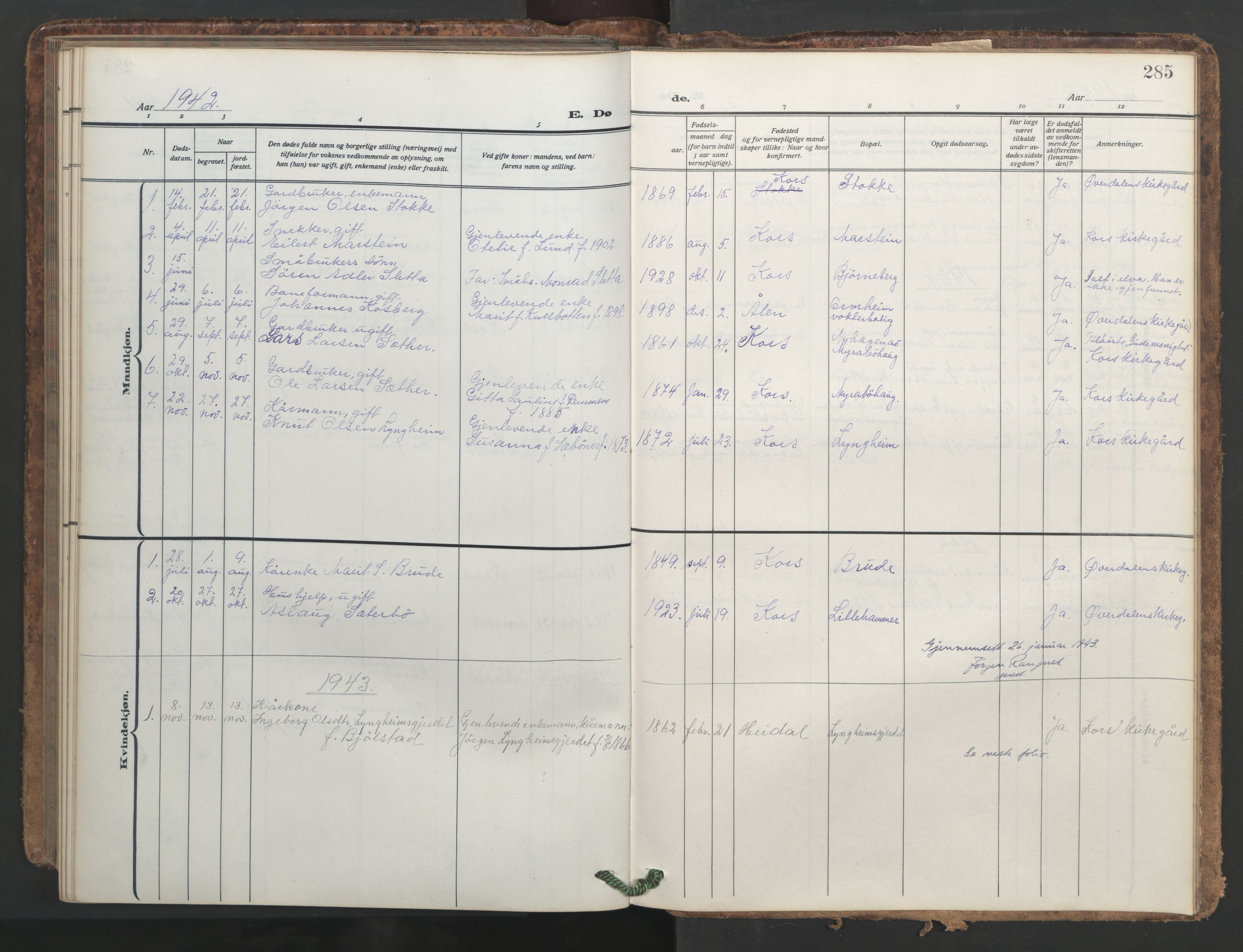 Ministerialprotokoller, klokkerbøker og fødselsregistre - Møre og Romsdal, SAT/A-1454/546/L0597: Klokkerbok nr. 546C03, 1921-1959, s. 285