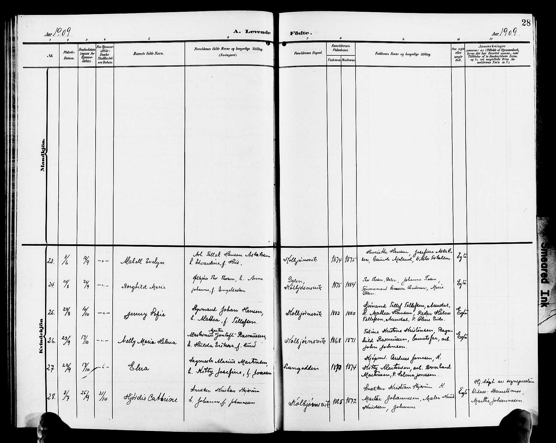 Hisøy sokneprestkontor, AV/SAK-1111-0020/F/Fb/L0004: Klokkerbok nr. B 4, 1905-1923, s. 28
