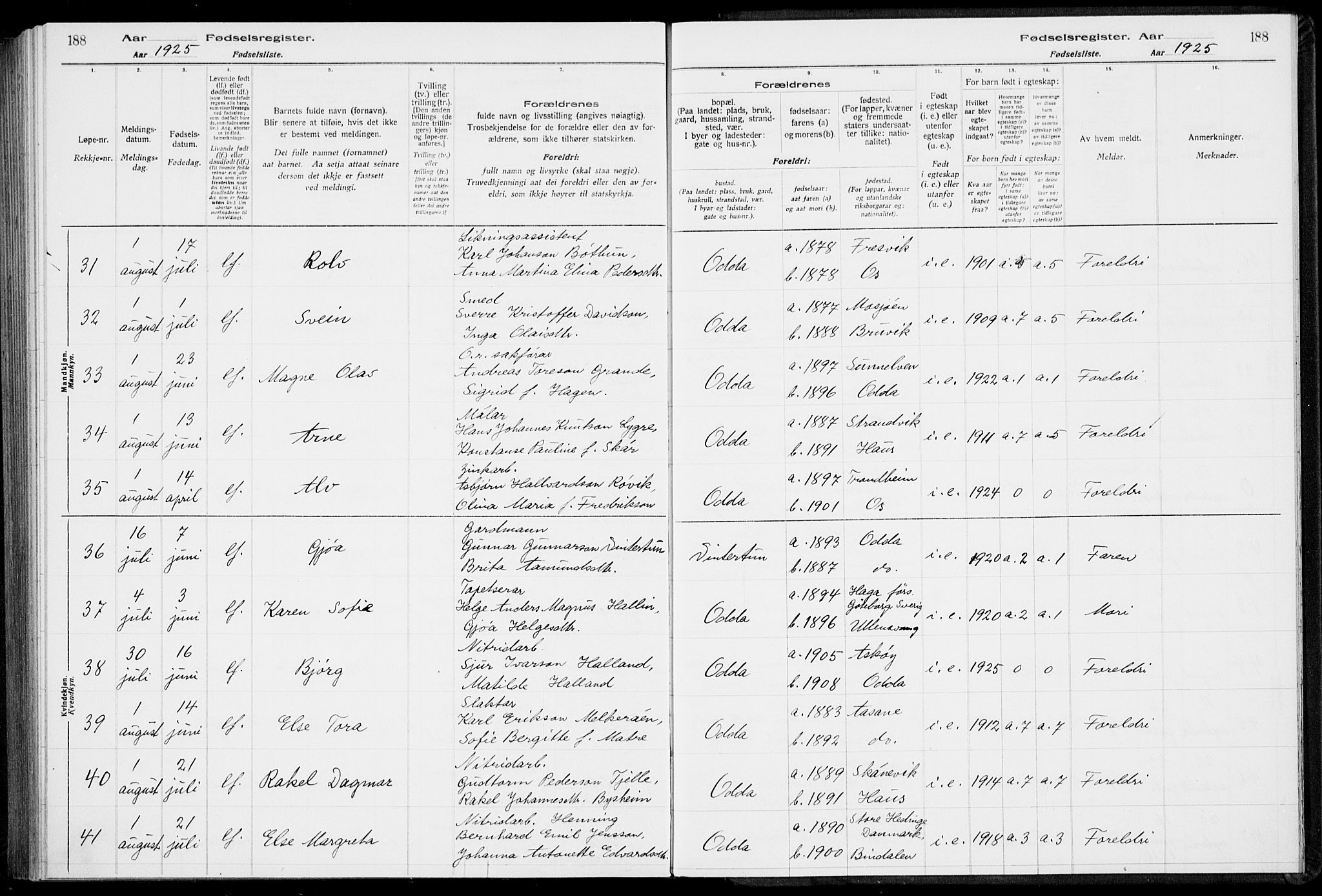 Odda Sokneprestembete, SAB/A-77201/I/Id/L00A1: Fødselsregister nr. A 1, 1916-1925, s. 188
