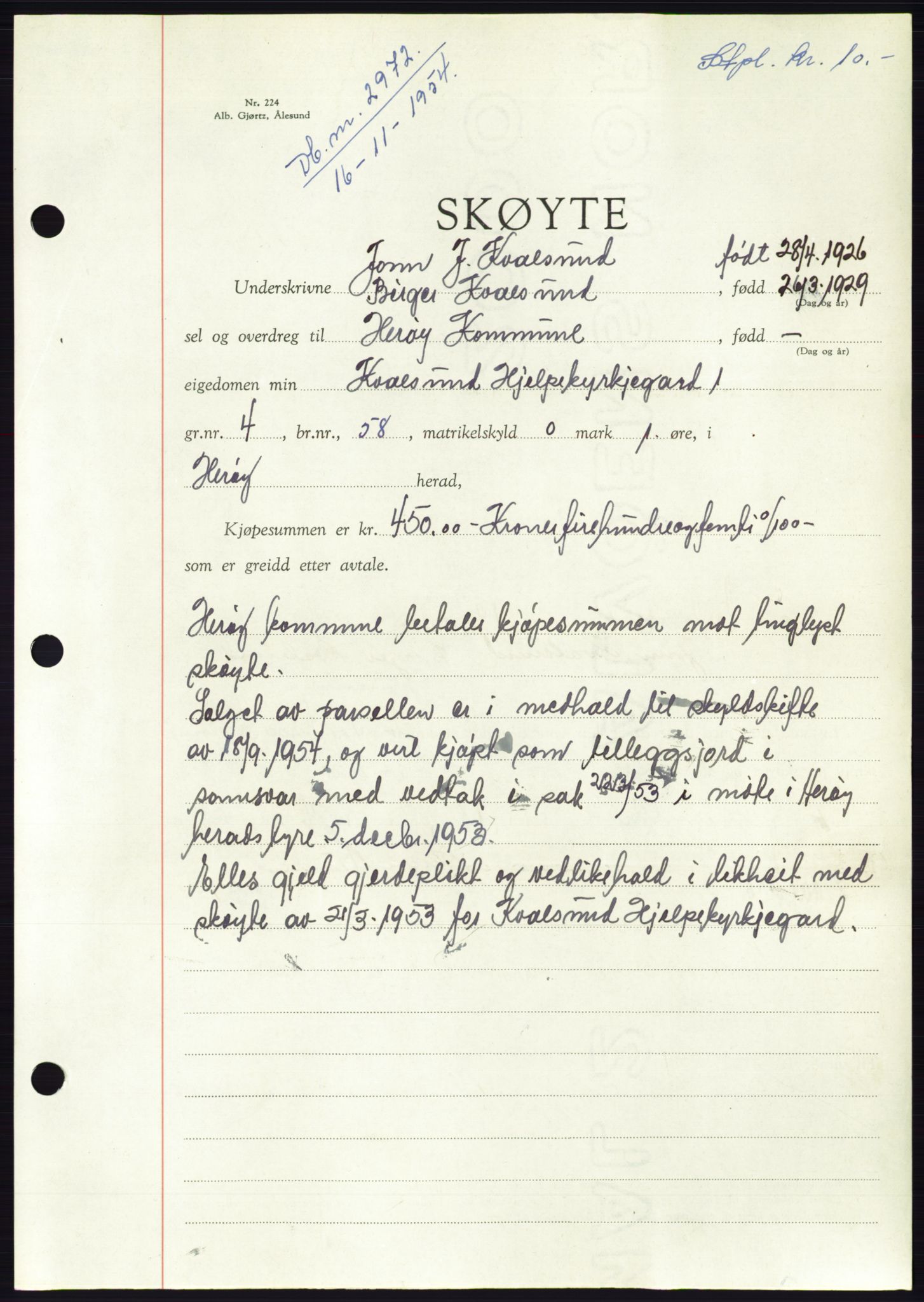 Søre Sunnmøre sorenskriveri, AV/SAT-A-4122/1/2/2C/L0099: Pantebok nr. 25A, 1954-1954, Dagboknr: 2972/1954