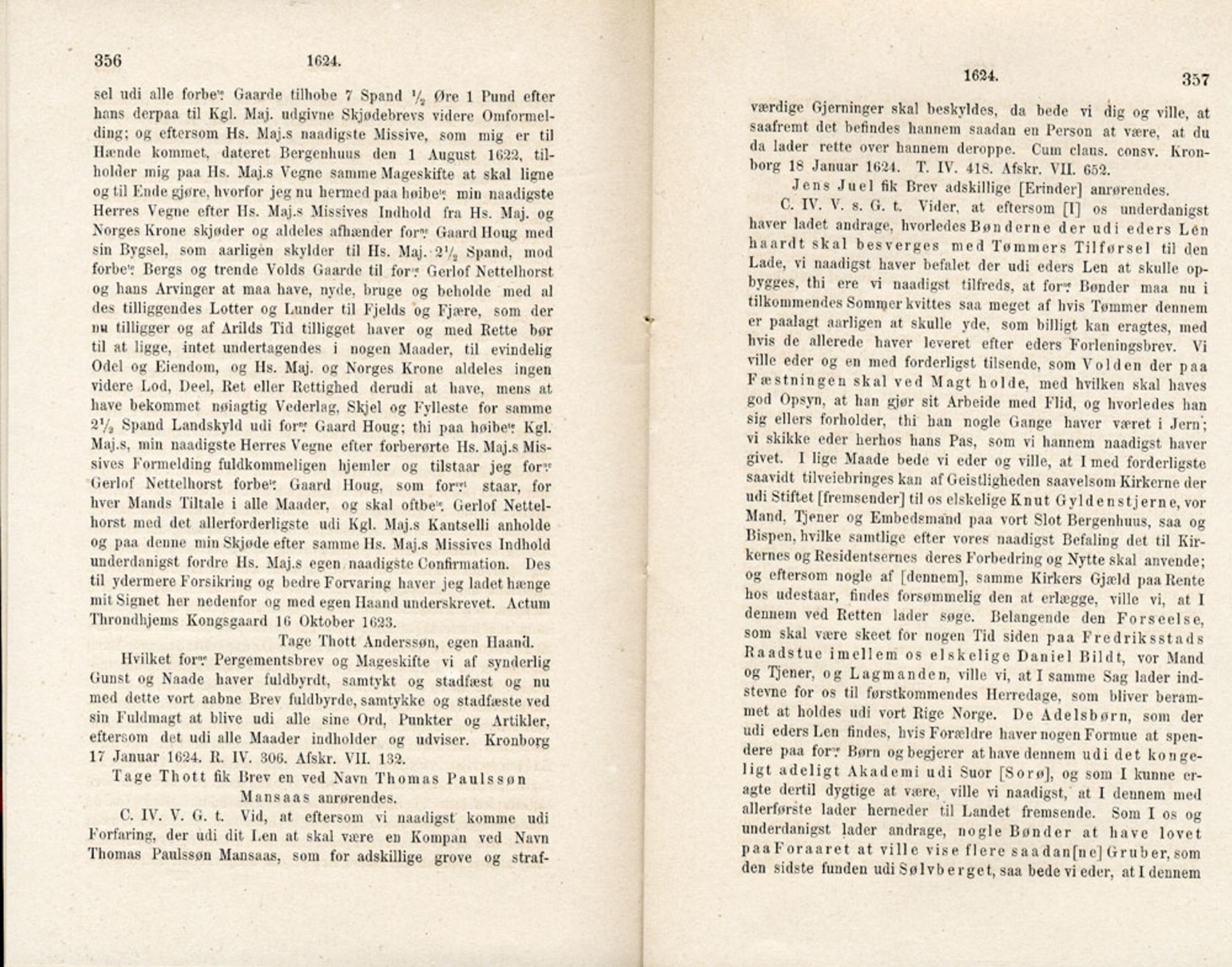 Publikasjoner utgitt av Det Norske Historiske Kildeskriftfond, PUBL/-/-/-: Norske Rigs-Registranter, bind 5, 1619-1627, s. 356-357