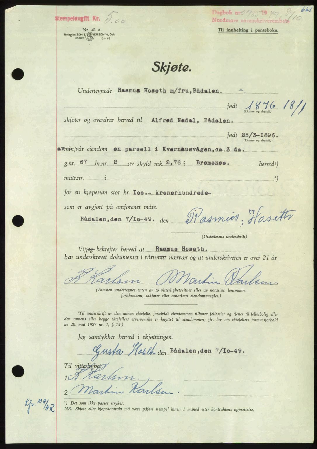 Nordmøre sorenskriveri, SAT/A-4132/1/2/2Ca: Pantebok nr. A112, 1949-1949, Dagboknr: 2785/1949