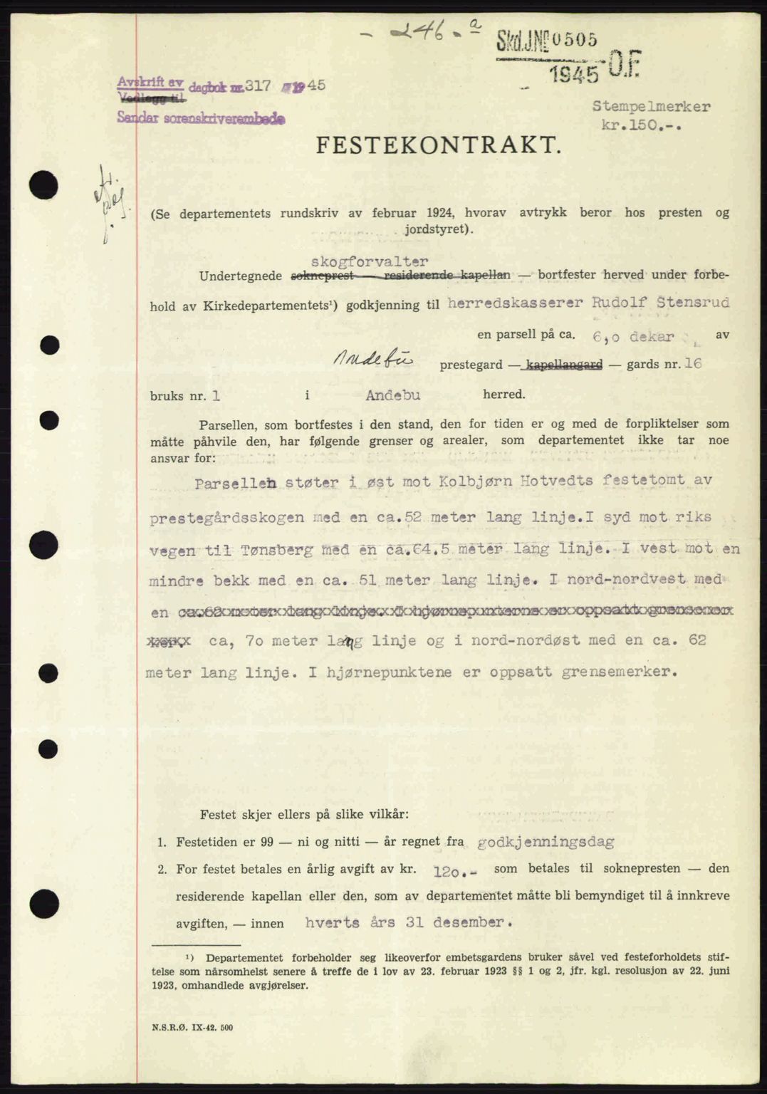 Jarlsberg sorenskriveri, SAKO/A-131/G/Ga/Gaa/L0016: Pantebok nr. A-16, 1944-1945, Dagboknr: 317/1945