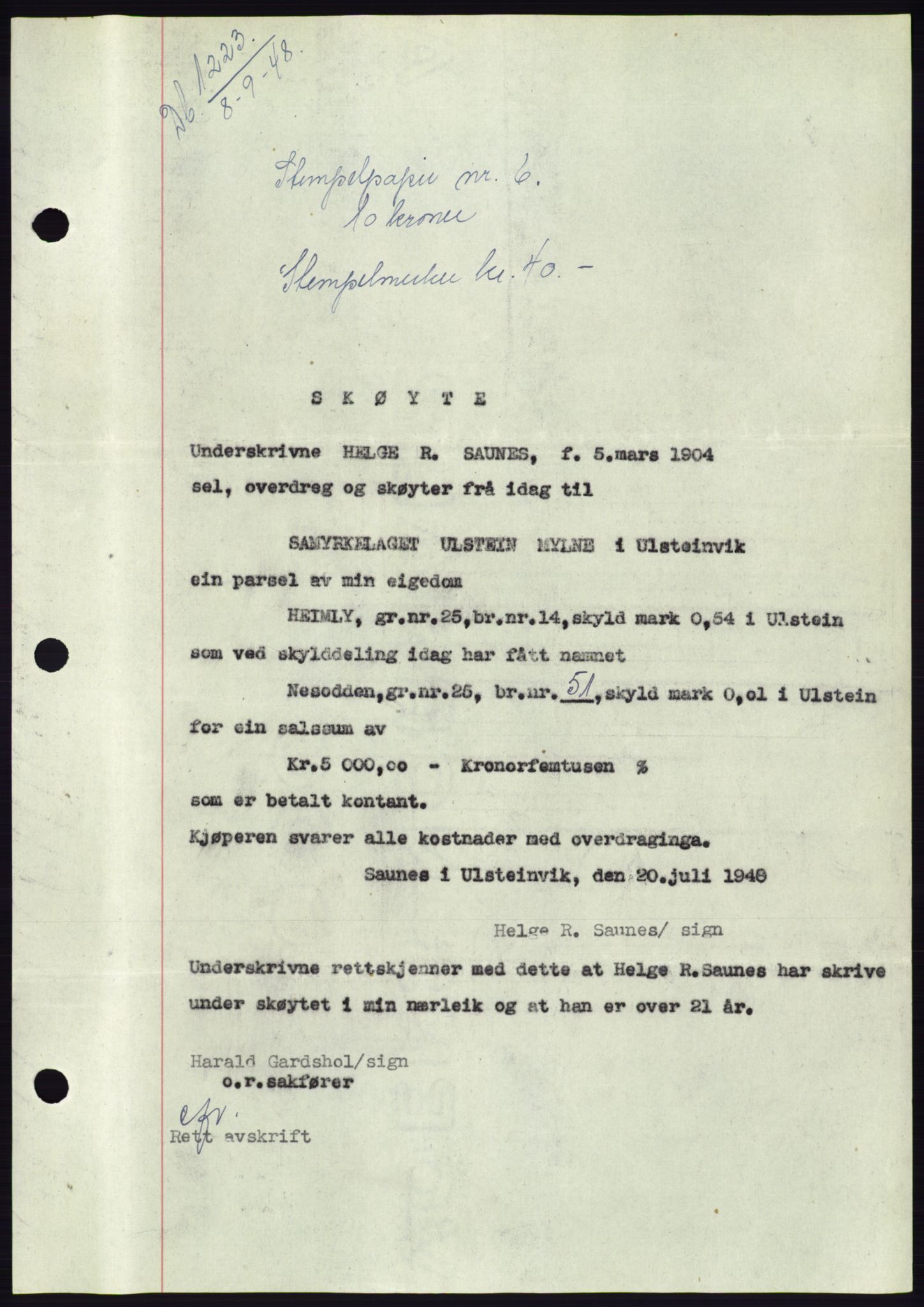 Søre Sunnmøre sorenskriveri, SAT/A-4122/1/2/2C/L0082: Pantebok nr. 8A, 1948-1948, Dagboknr: 1223/1948