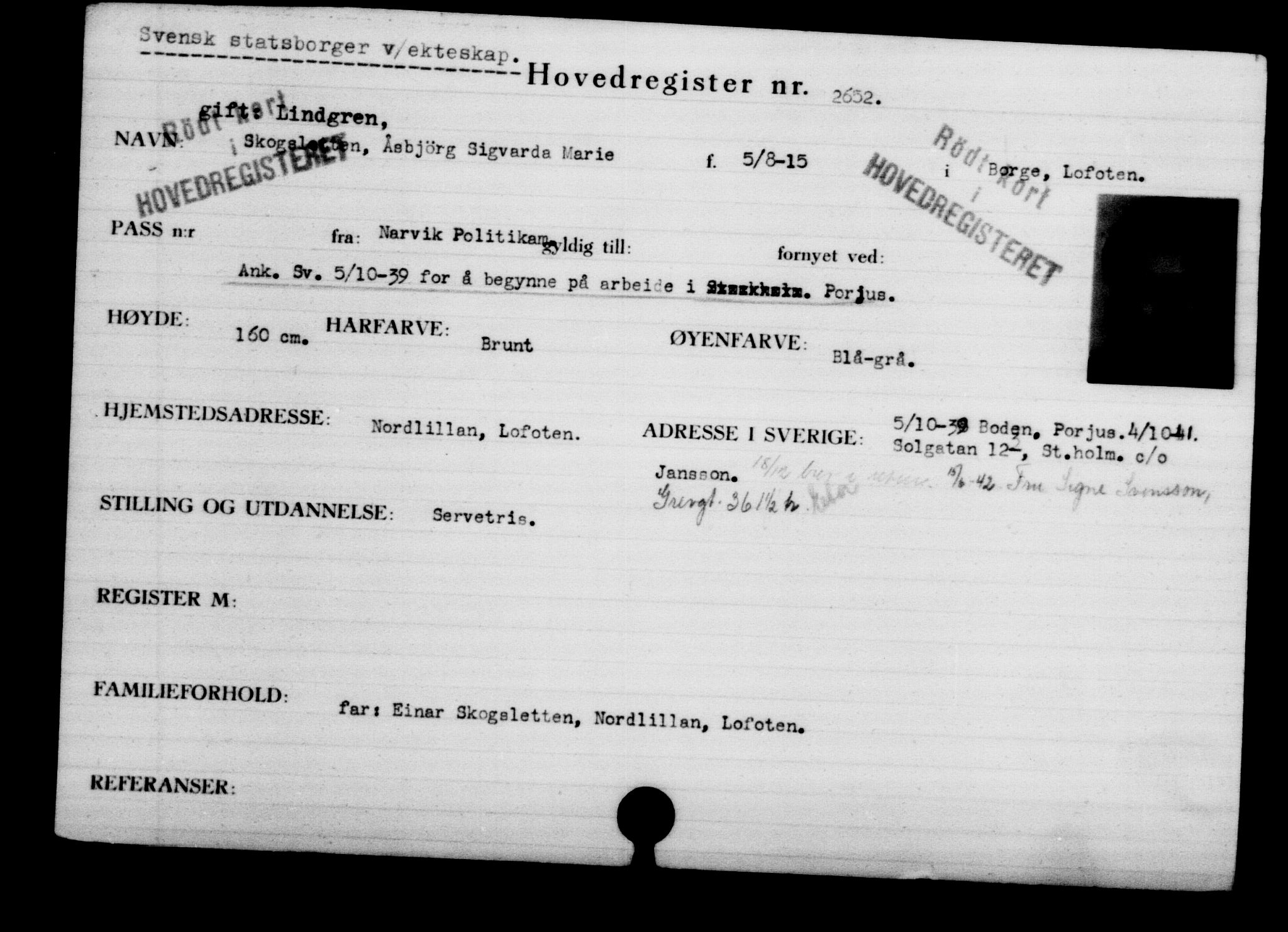 Utenriksstasjonene, Legasjonen i Stockholm, Flyktningkontoret, AV/RA-S-6753/V/Va/L0003: Kjesäterkartoteket, flyktninger med registreringsnr. 2001-3495, 1940-1945, s. 1017