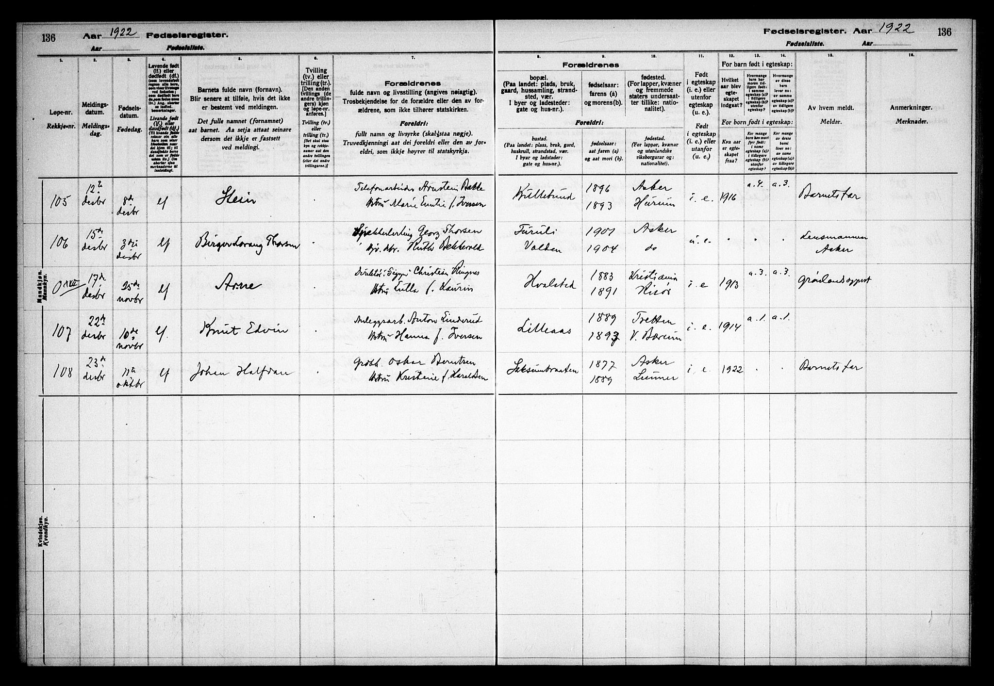 Asker prestekontor Kirkebøker, AV/SAO-A-10256a/J/L0001: Fødselsregister nr. 1, 1916-1925, s. 136