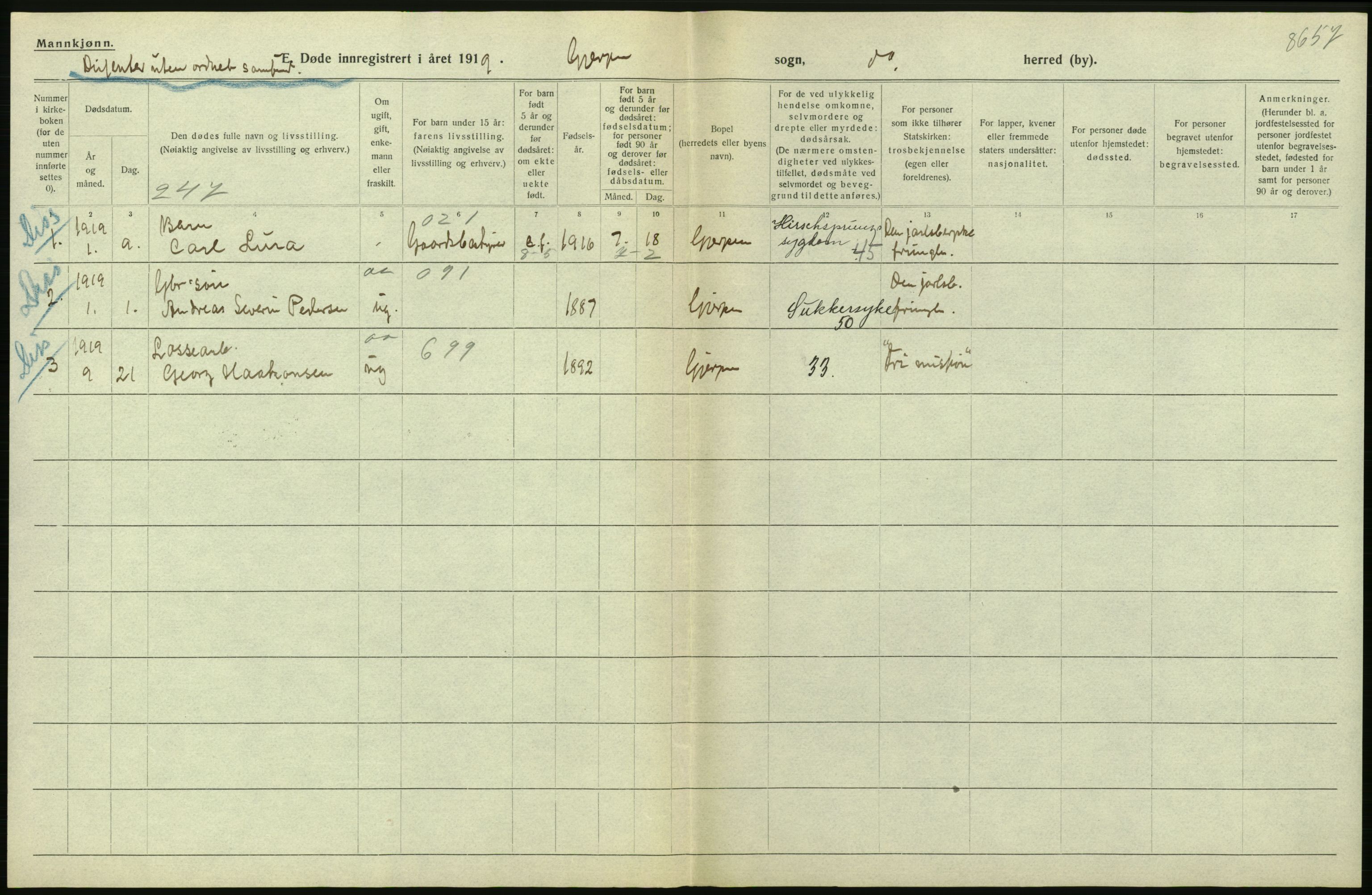 Statistisk sentralbyrå, Sosiodemografiske emner, Befolkning, RA/S-2228/D/Df/Dfb/Dfbi/L0023: Telemark fylke: Døde. Bygder og byer., 1919, s. 56