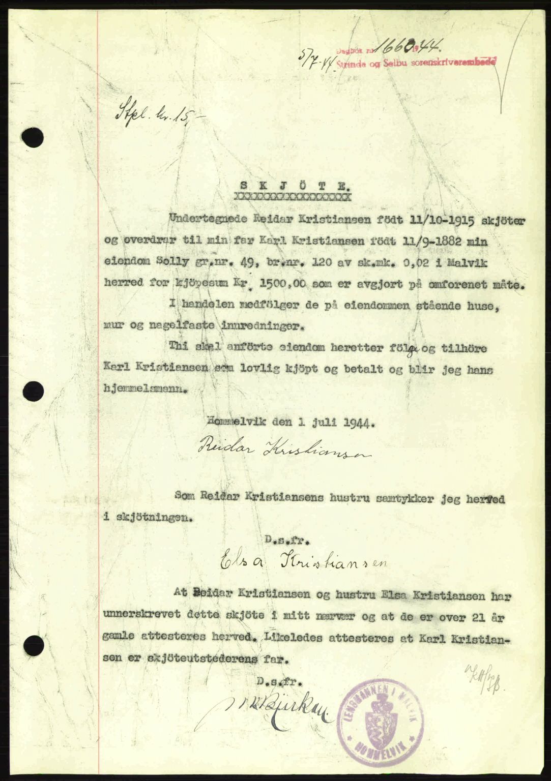 Strinda og Selbu sorenskriveri, SAT/A-0015/2/2C: Pantebok nr. A9, 1944-1945, Dagboknr: 1660/1944