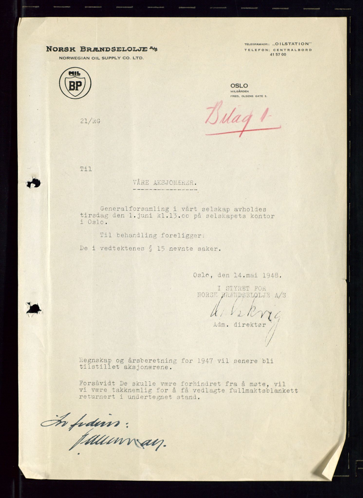 PA 1544 - Norsk Brændselolje A/S, AV/SAST-A-101965/1/A/Aa/L0005/0001: Generalforsamling  / Generalforsamling 1948, 1948, s. 4