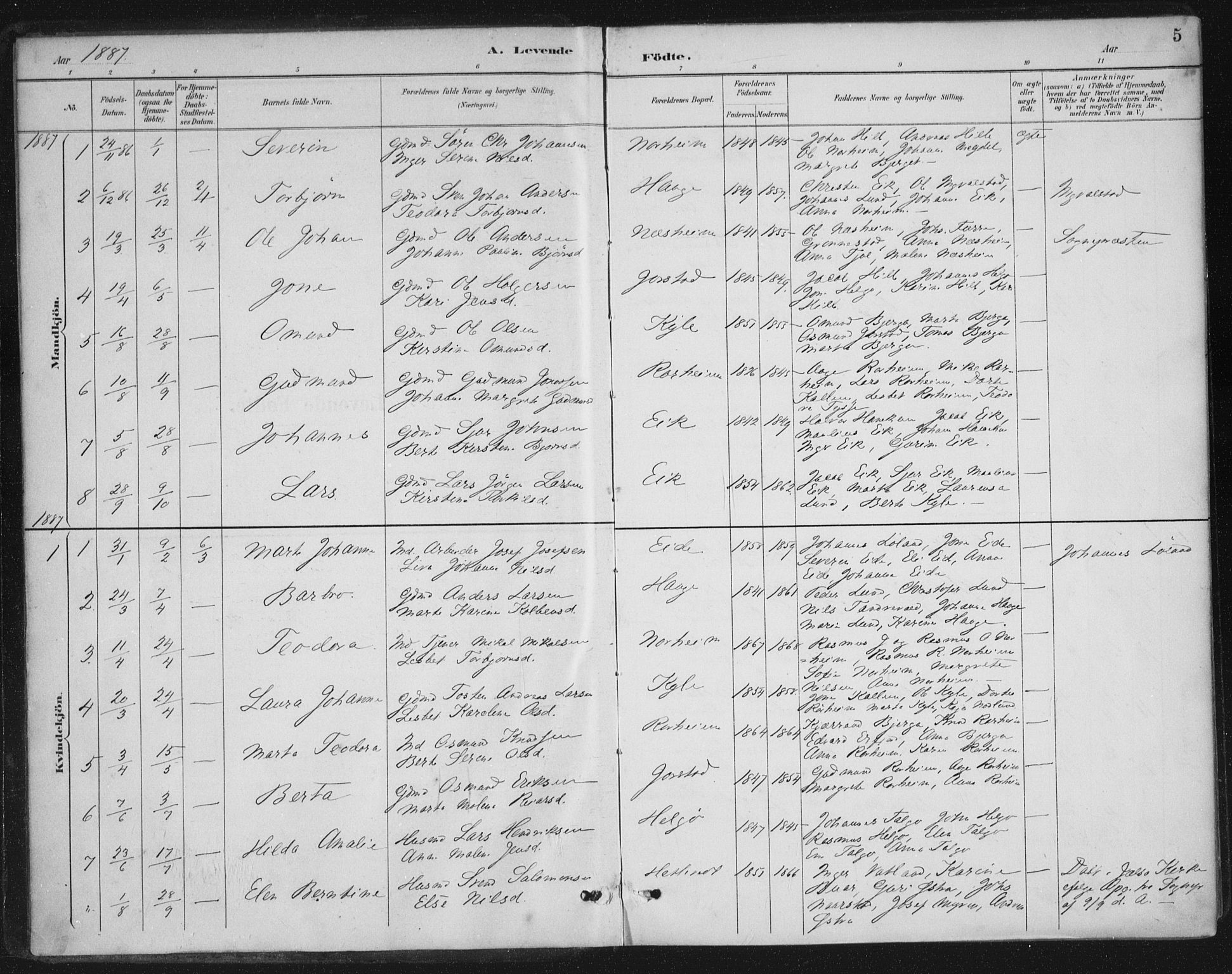 Nedstrand sokneprestkontor, AV/SAST-A-101841/01/IV: Ministerialbok nr. A 13, 1887-1915, s. 5