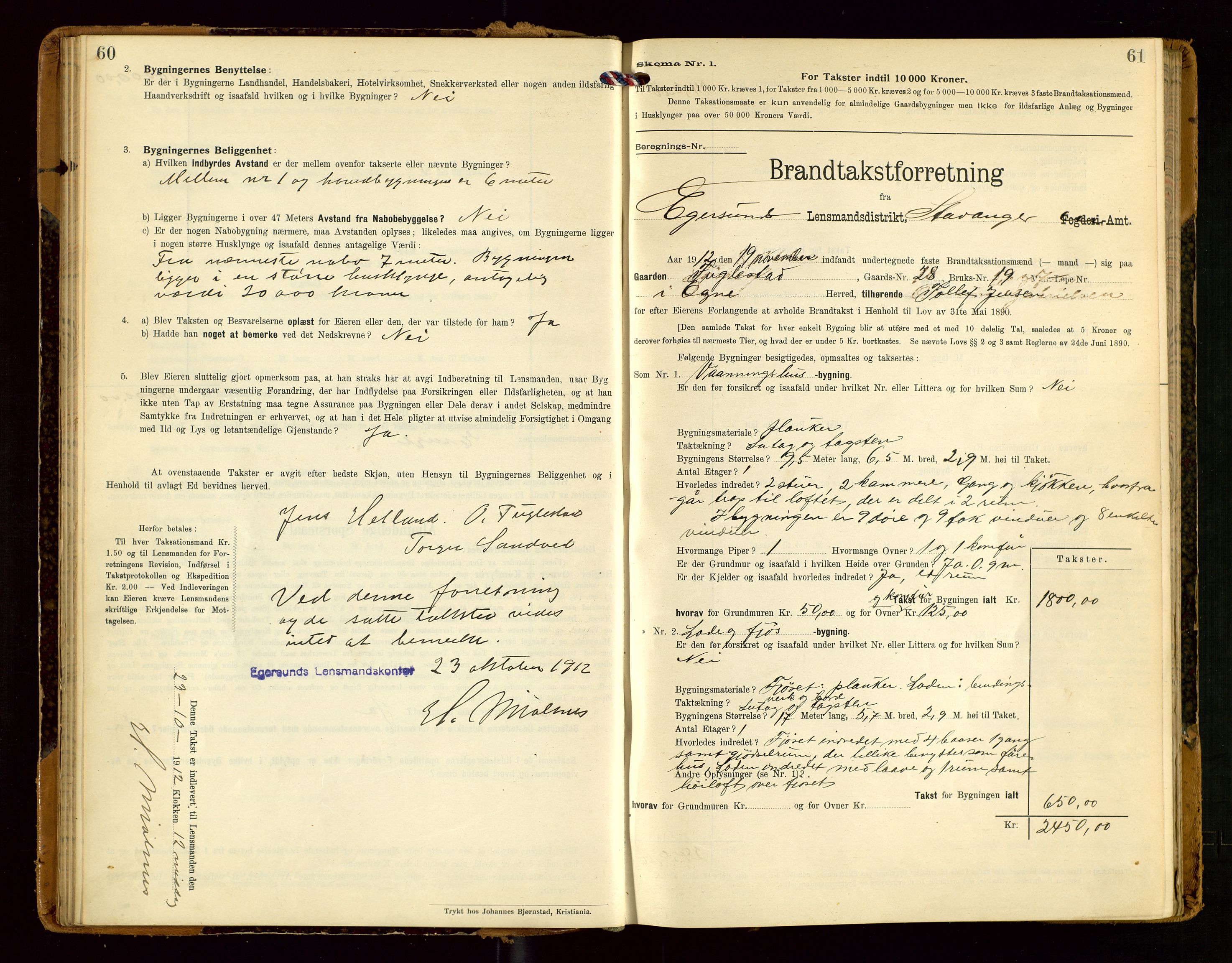 Eigersund lensmannskontor, SAST/A-100171/Gob/L0002: "Brandtakstprotokol", 1910-1916, s. 60-61