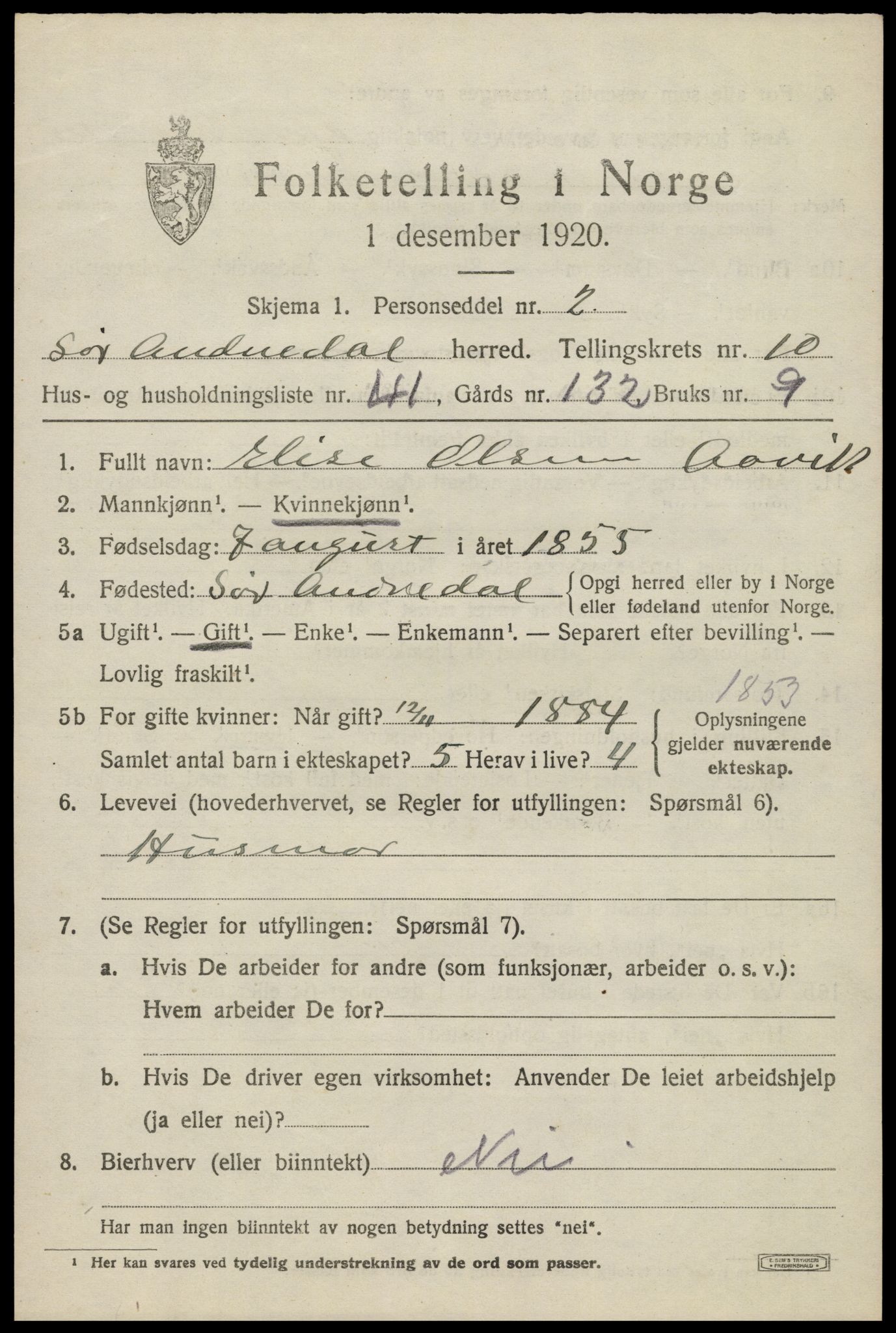 SAK, Folketelling 1920 for 1029 Sør-Audnedal herred, 1920, s. 4185