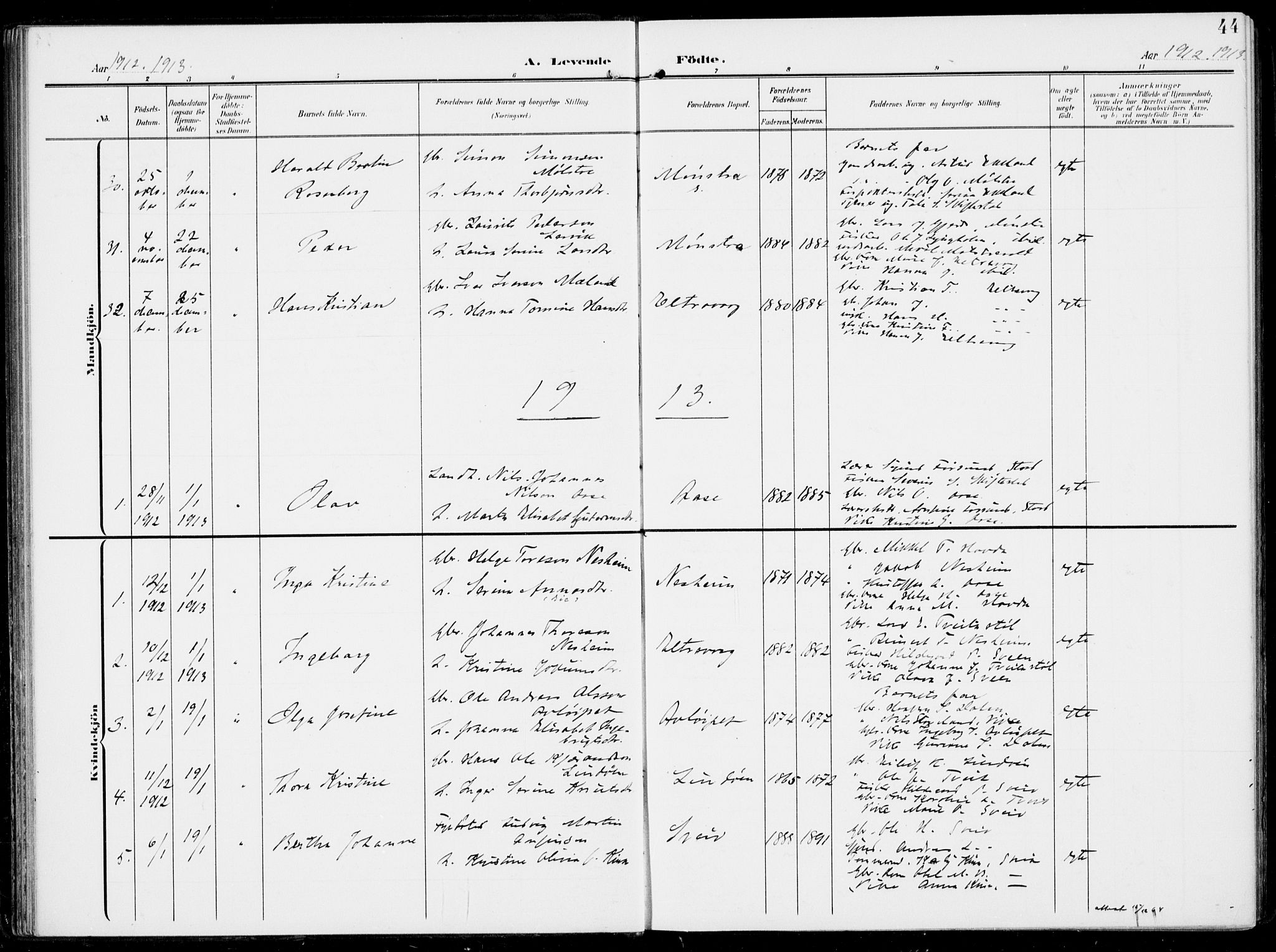Sveio Sokneprestembete, AV/SAB-A-78501/H/Haa: Ministerialbok nr. B  4, 1906-1919, s. 44