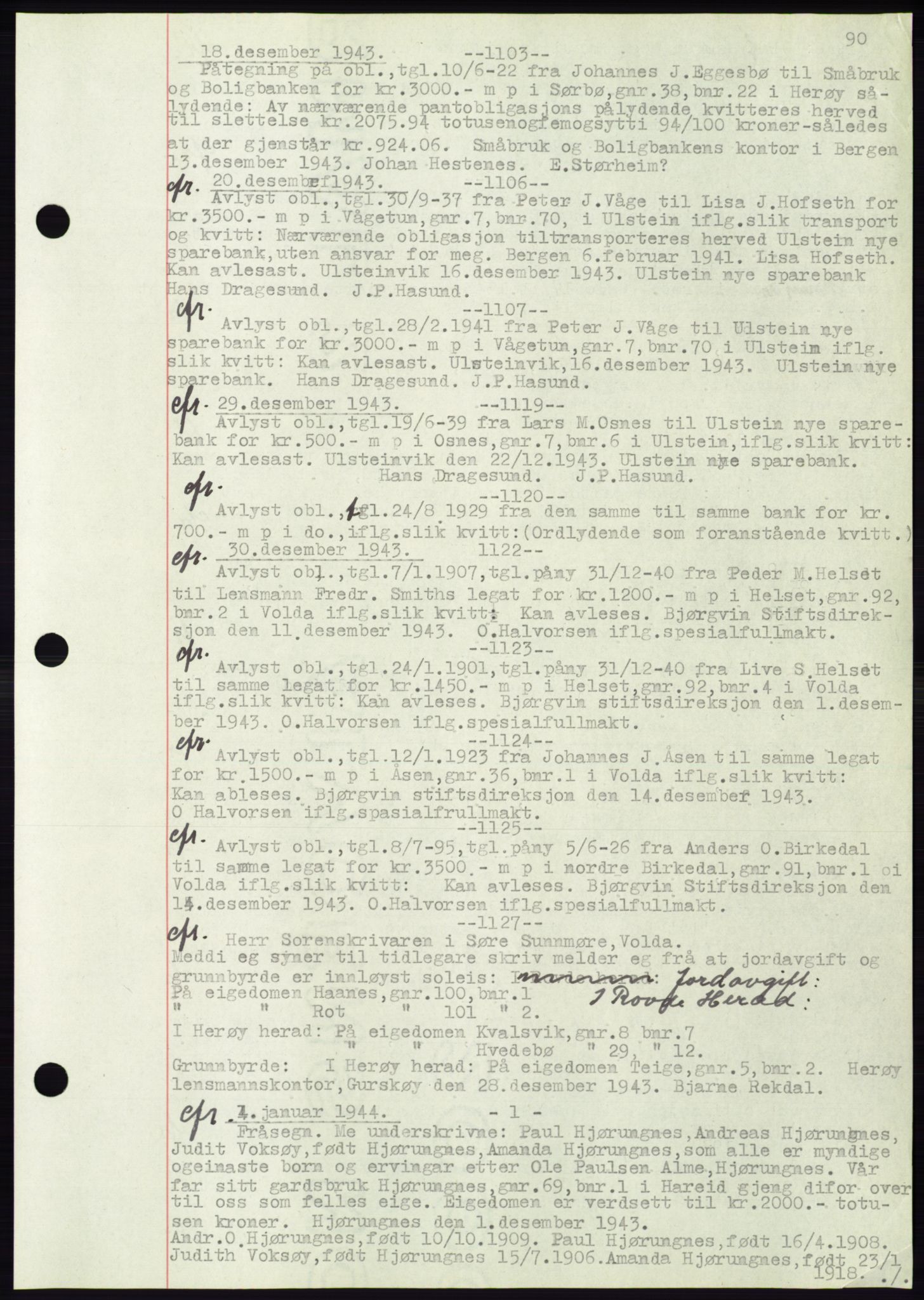 Søre Sunnmøre sorenskriveri, AV/SAT-A-4122/1/2/2C/L0072: Pantebok nr. 66, 1941-1955, Dagboknr: 1103/1943