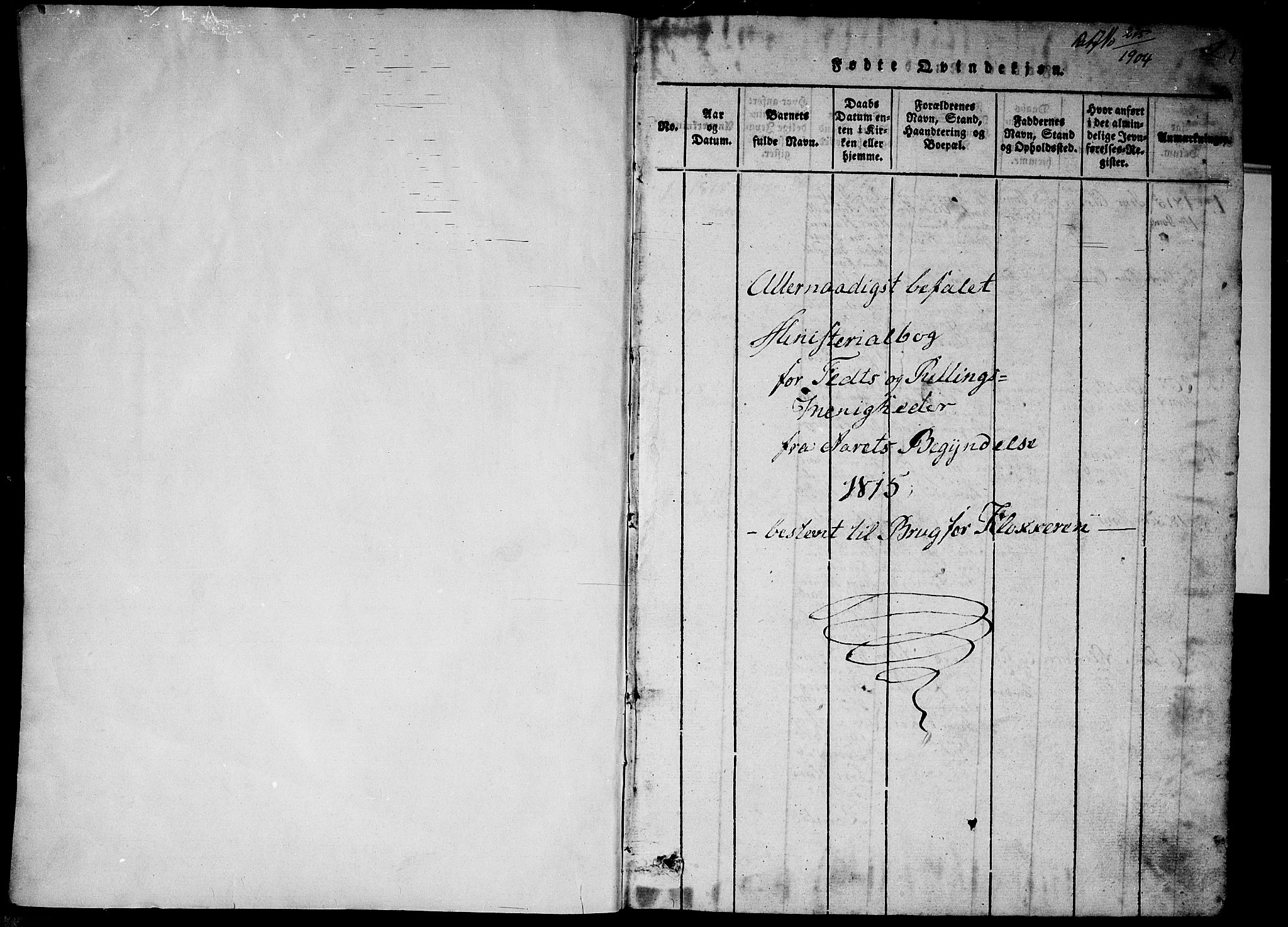 Fet prestekontor Kirkebøker, SAO/A-10370a/G/Ga/L0001: Klokkerbok nr. I 1, 1815-1842, s. 1