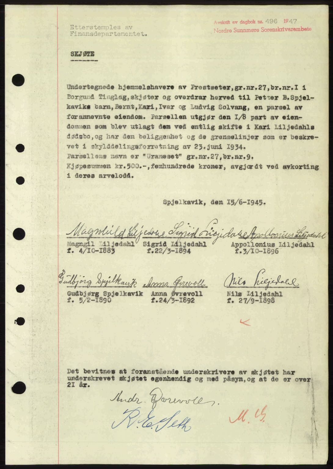 Nordre Sunnmøre sorenskriveri, SAT/A-0006/1/2/2C/2Ca: Pantebok nr. A24, 1947-1947, Dagboknr: 496/1947