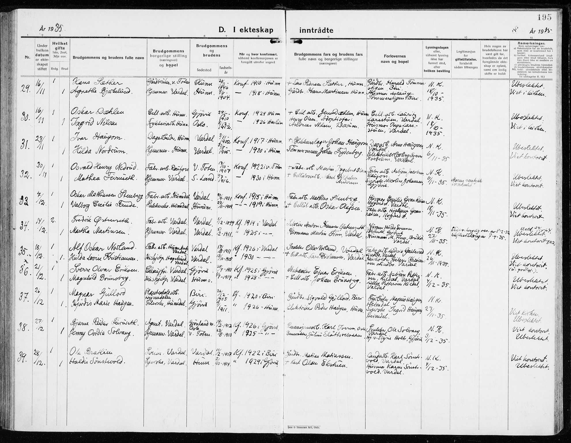 Vardal prestekontor, SAH/PREST-100/H/Ha/Haa/L0018: Ministerialbok nr. 18, 1930-1945, s. 195