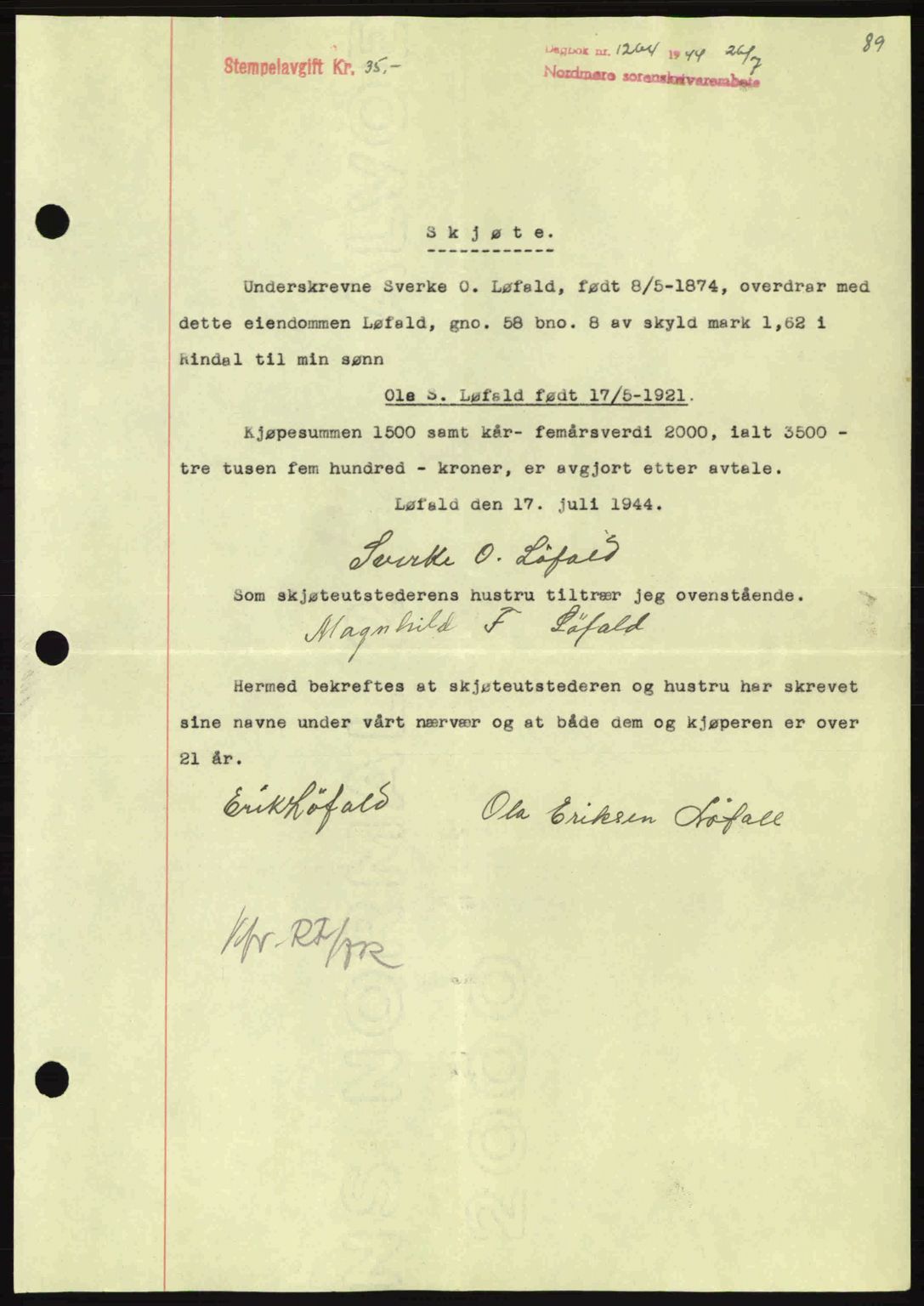 Nordmøre sorenskriveri, AV/SAT-A-4132/1/2/2Ca: Pantebok nr. A98, 1944-1944, Dagboknr: 1264/1944