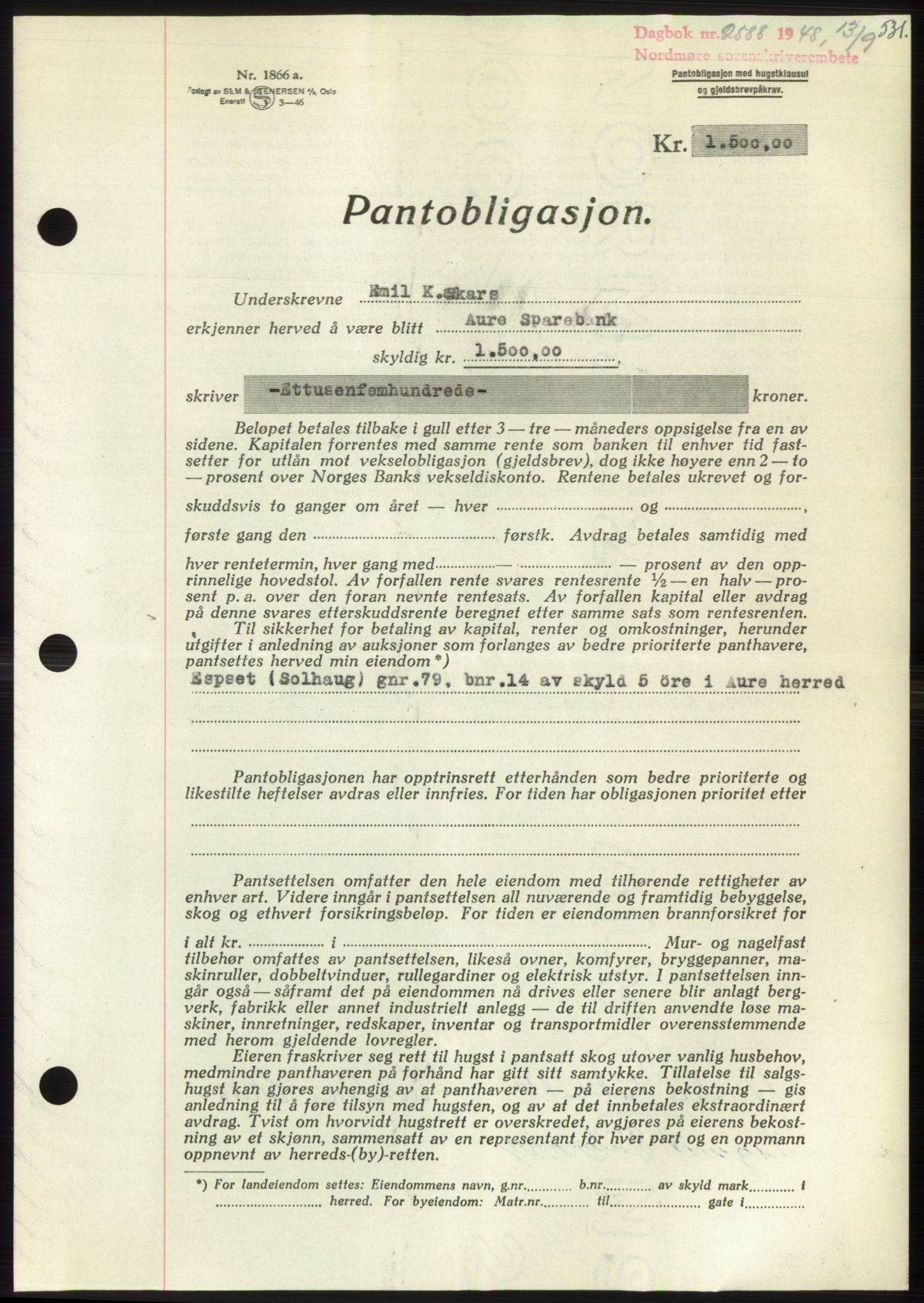 Nordmøre sorenskriveri, SAT/A-4132/1/2/2Ca: Pantebok nr. B99, 1948-1948, Dagboknr: 2588/1948