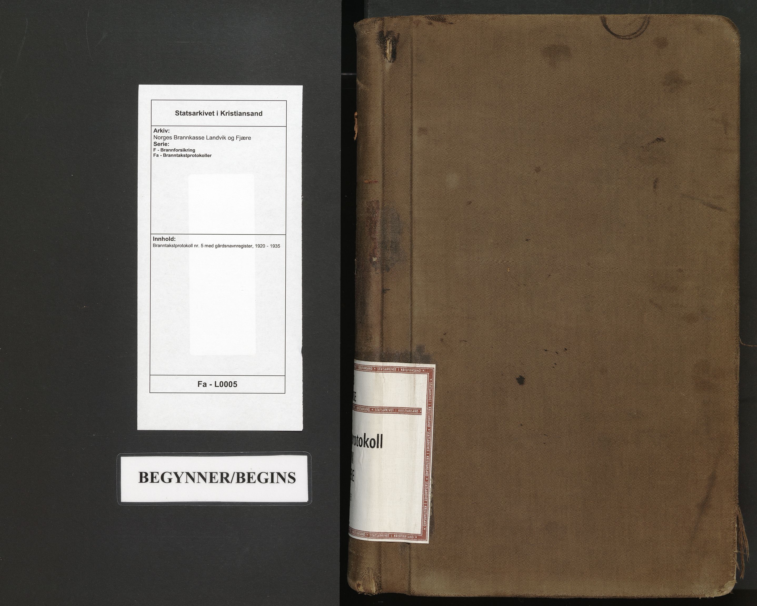 Norges Brannkasse Landvik og Fjære, SAK/2241-0032/F/Fa/L0005: Branntakstprotokoll nr. 5 med gårdsnavnregister, 1920-1935