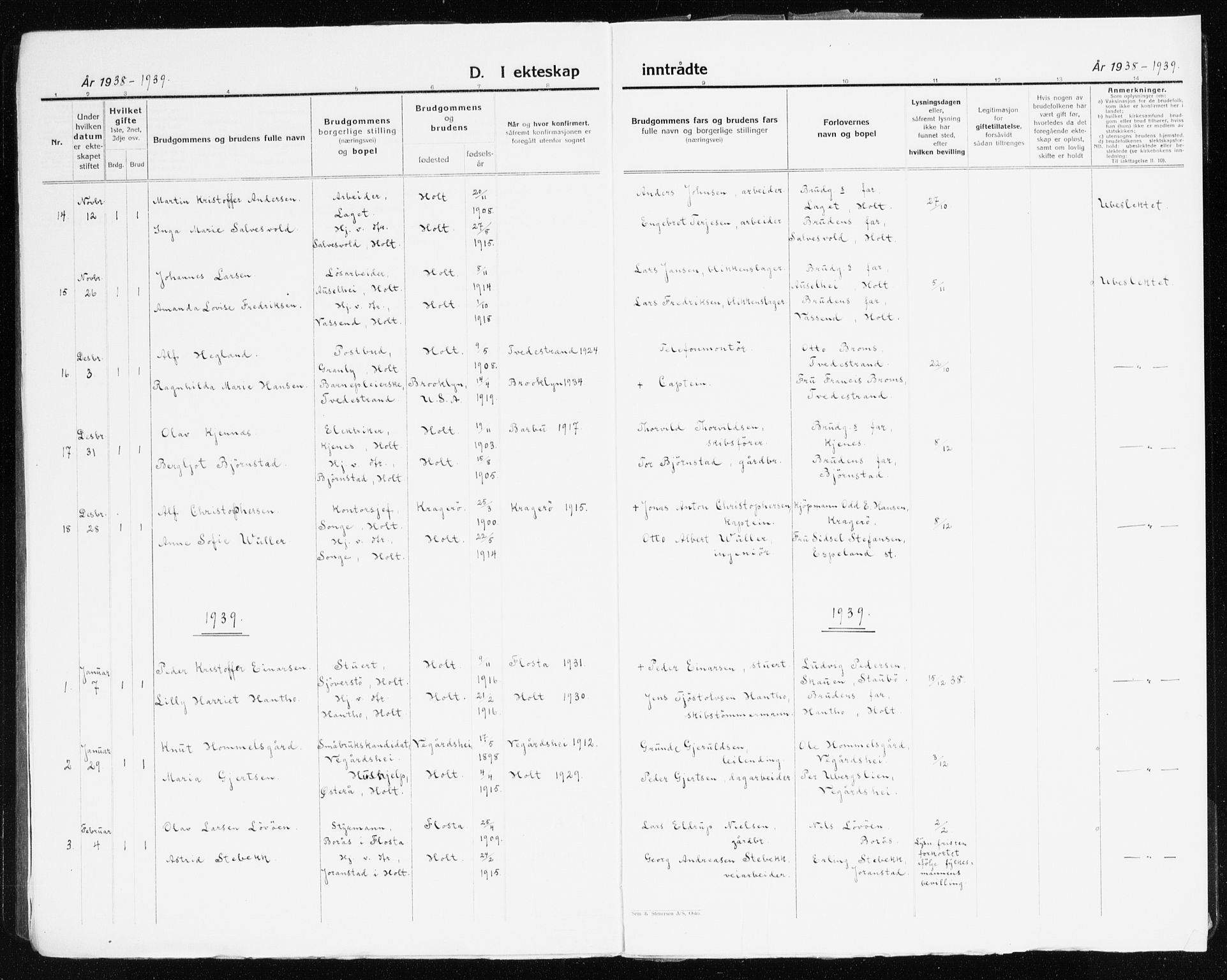 Holt sokneprestkontor, SAK/1111-0021/F/Fb/L0012: Klokkerbok nr. B 12, 1919-1944