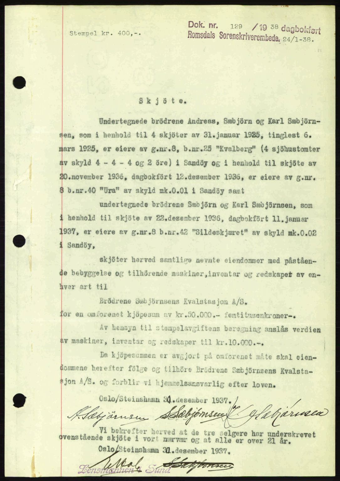 Romsdal sorenskriveri, SAT/A-4149/1/2/2C: Pantebok nr. A4, 1937-1938, Dagboknr: 129/1938