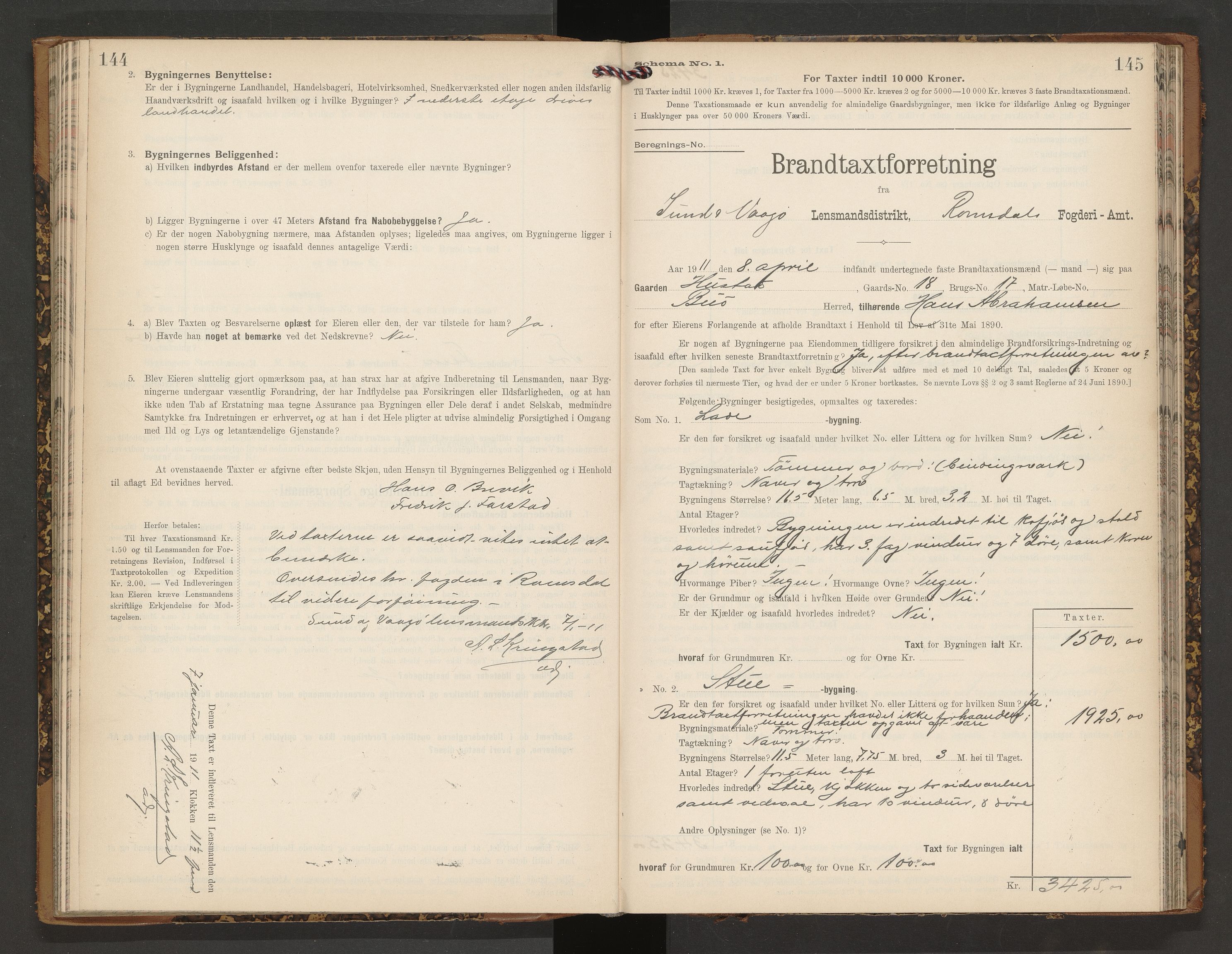 Norges Brannkasse Vågøy og Sund, AV/SAT-A-5504/Fb/L0002: Branntakstprotokoll, 1904-1913, s. 144-145
