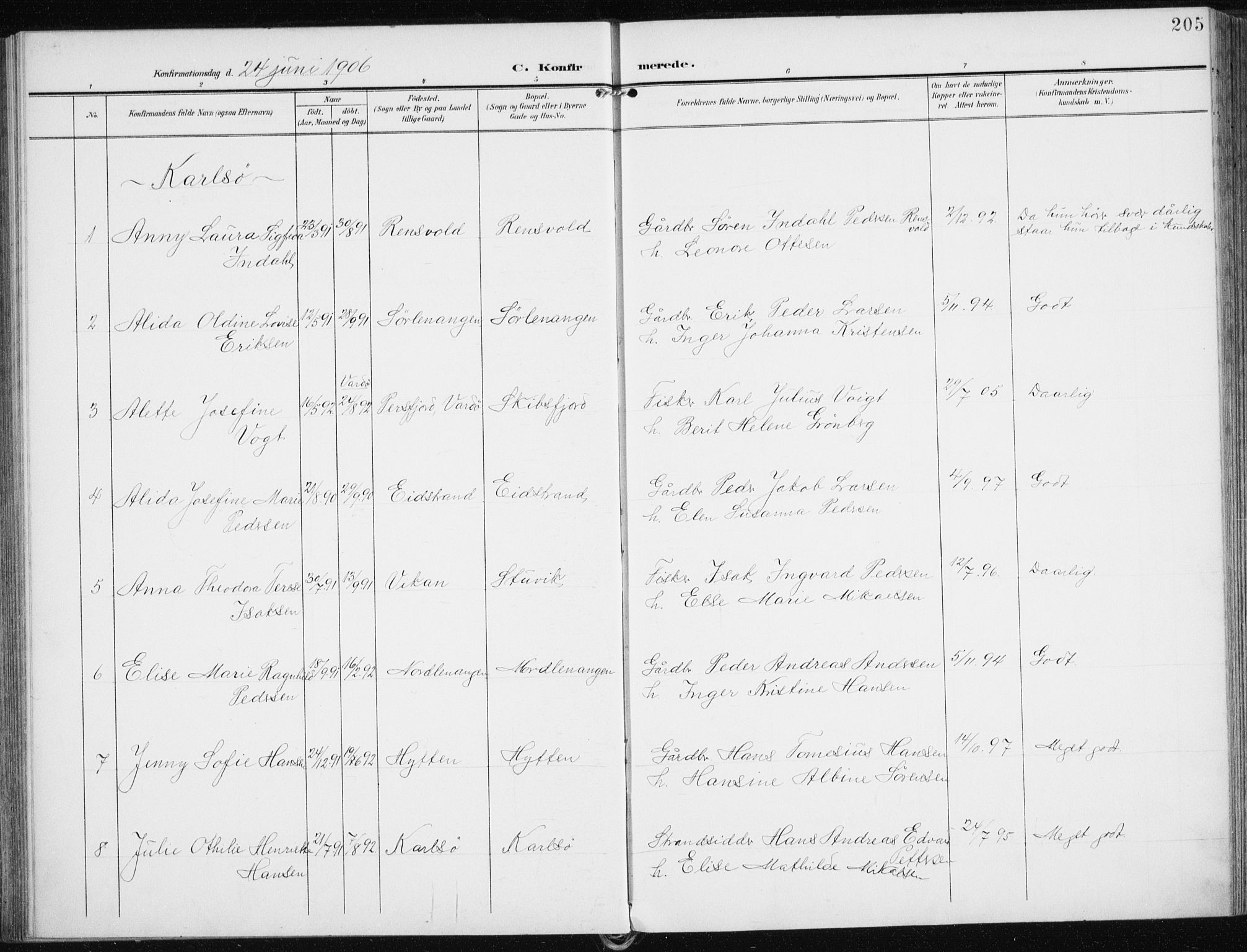 Karlsøy sokneprestembete, AV/SATØ-S-1299/H/Ha/Haa/L0014kirke: Ministerialbok nr. 14, 1903-1917, s. 205