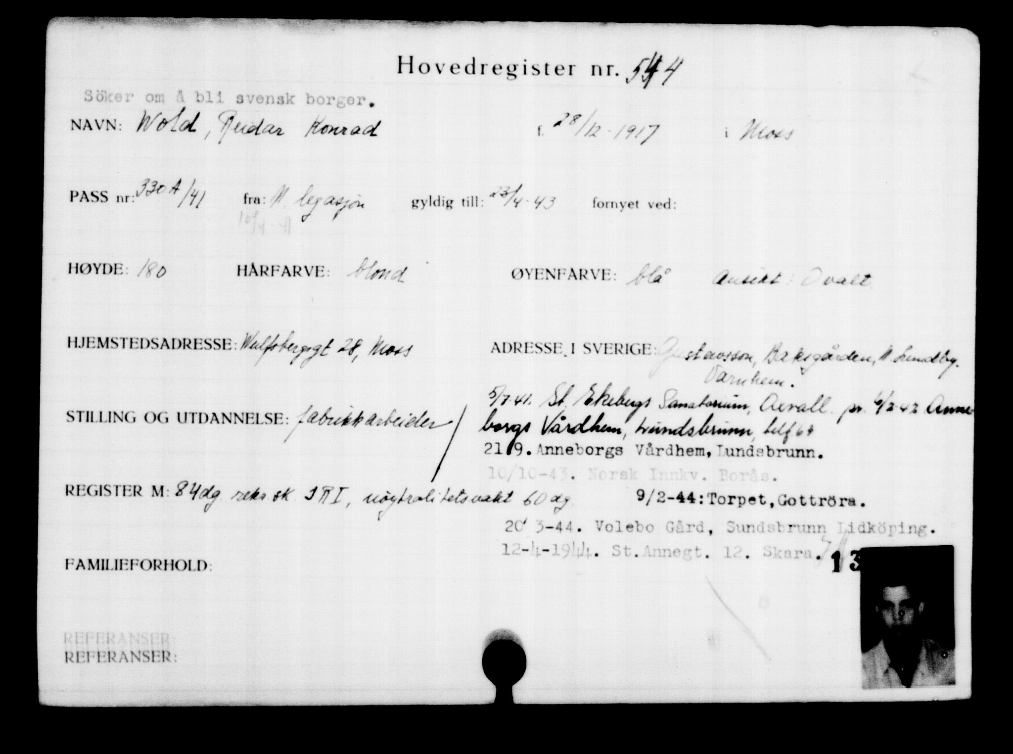 Utenriksstasjonene, Legasjonen i Stockholm, Flyktningkontoret, AV/RA-S-6753/V/Va/L0001: Kjesäterkartoteket, flyktninger med registreringsnr. 1-1000, 1940-1945, s. 845