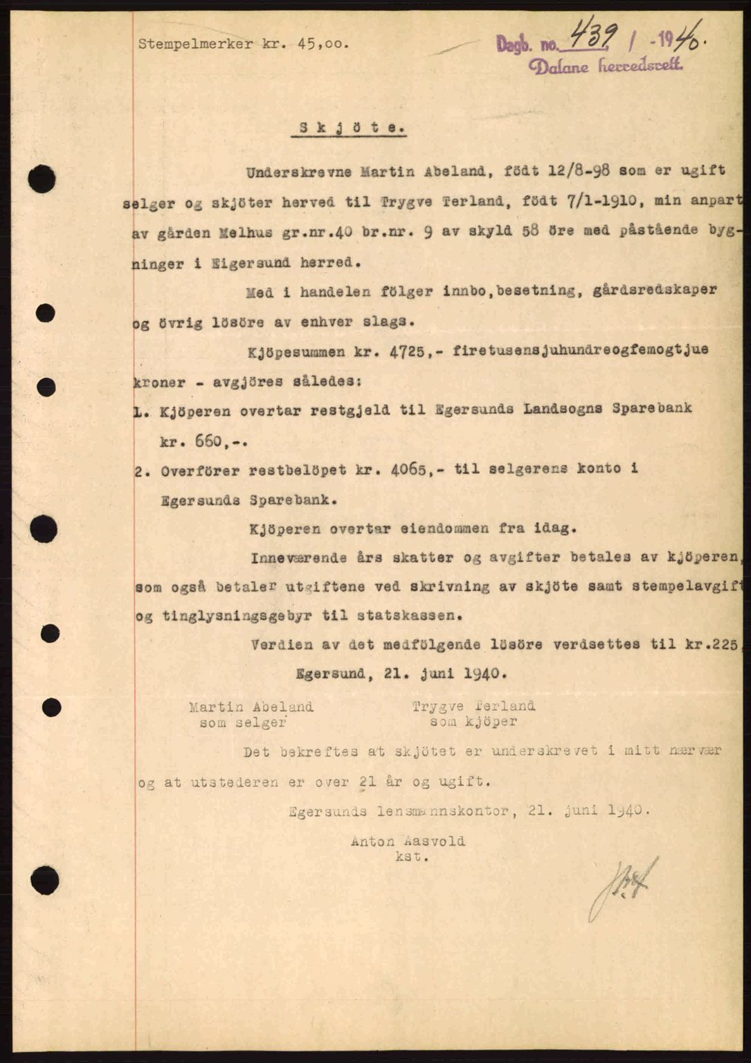 Dalane sorenskriveri, SAST/A-100309/02/G/Gb/L0044: Pantebok nr. A5, 1940-1941, Dagboknr: 439/1940