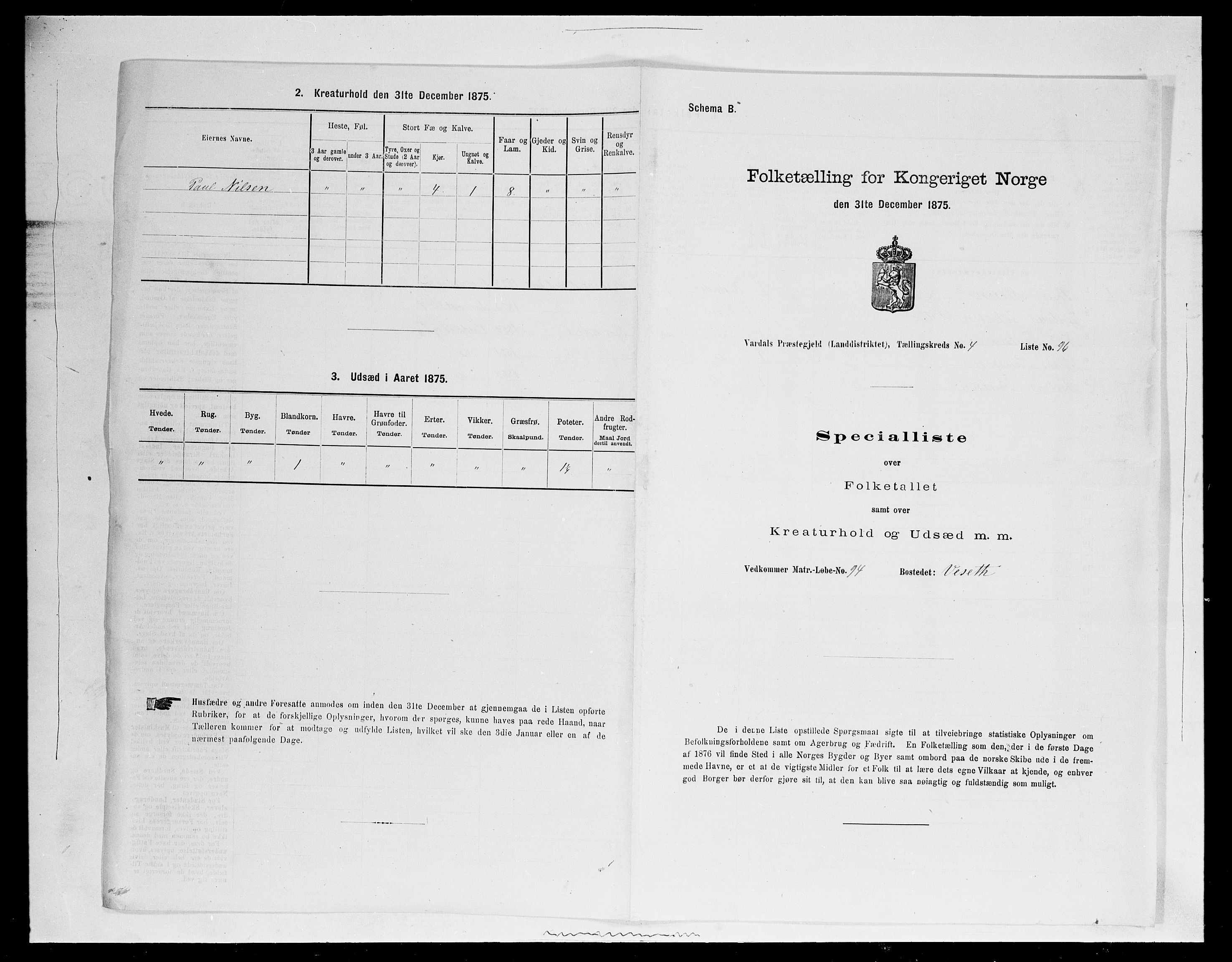 SAH, Folketelling 1875 for 0527L Vardal prestegjeld, Vardal sokn og Hunn sokn, 1875, s. 712