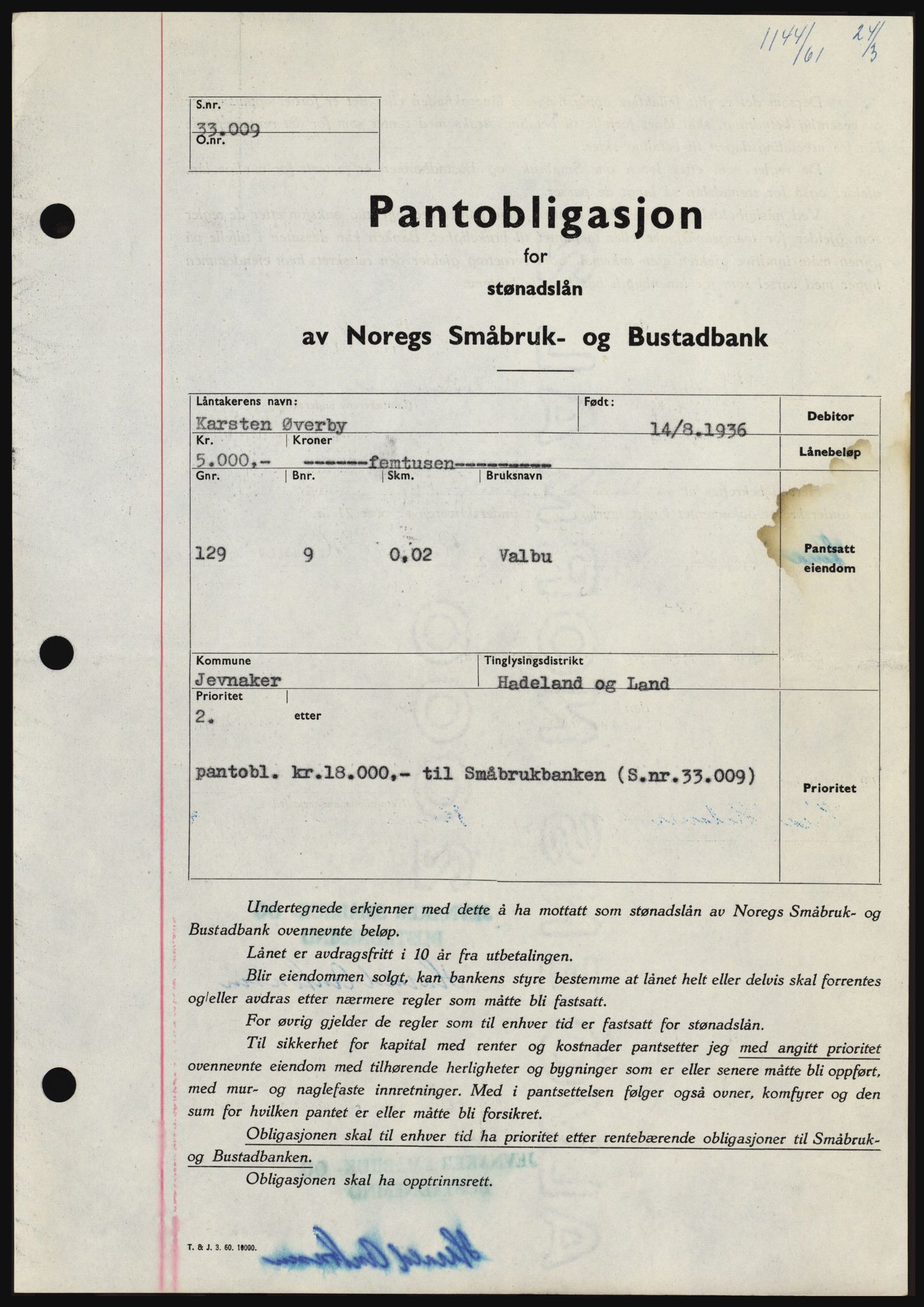 Hadeland og Land tingrett, SAH/TING-010/H/Hb/Hbc/L0045: Pantebok nr. B45, 1961-1961, Dagboknr: 1144/1961
