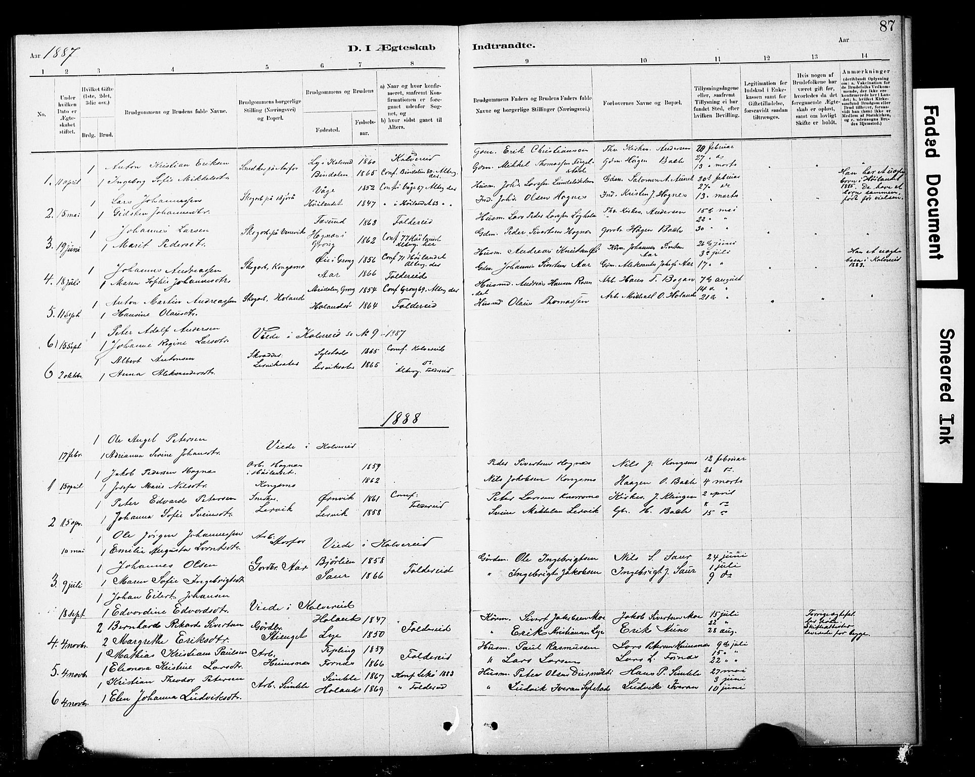 Ministerialprotokoller, klokkerbøker og fødselsregistre - Nord-Trøndelag, SAT/A-1458/783/L0661: Klokkerbok nr. 783C01, 1878-1893, s. 87
