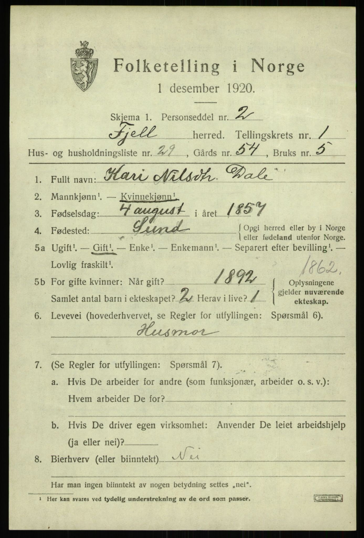 SAB, Folketelling 1920 for 1246 Fjell herred, 1920, s. 1826