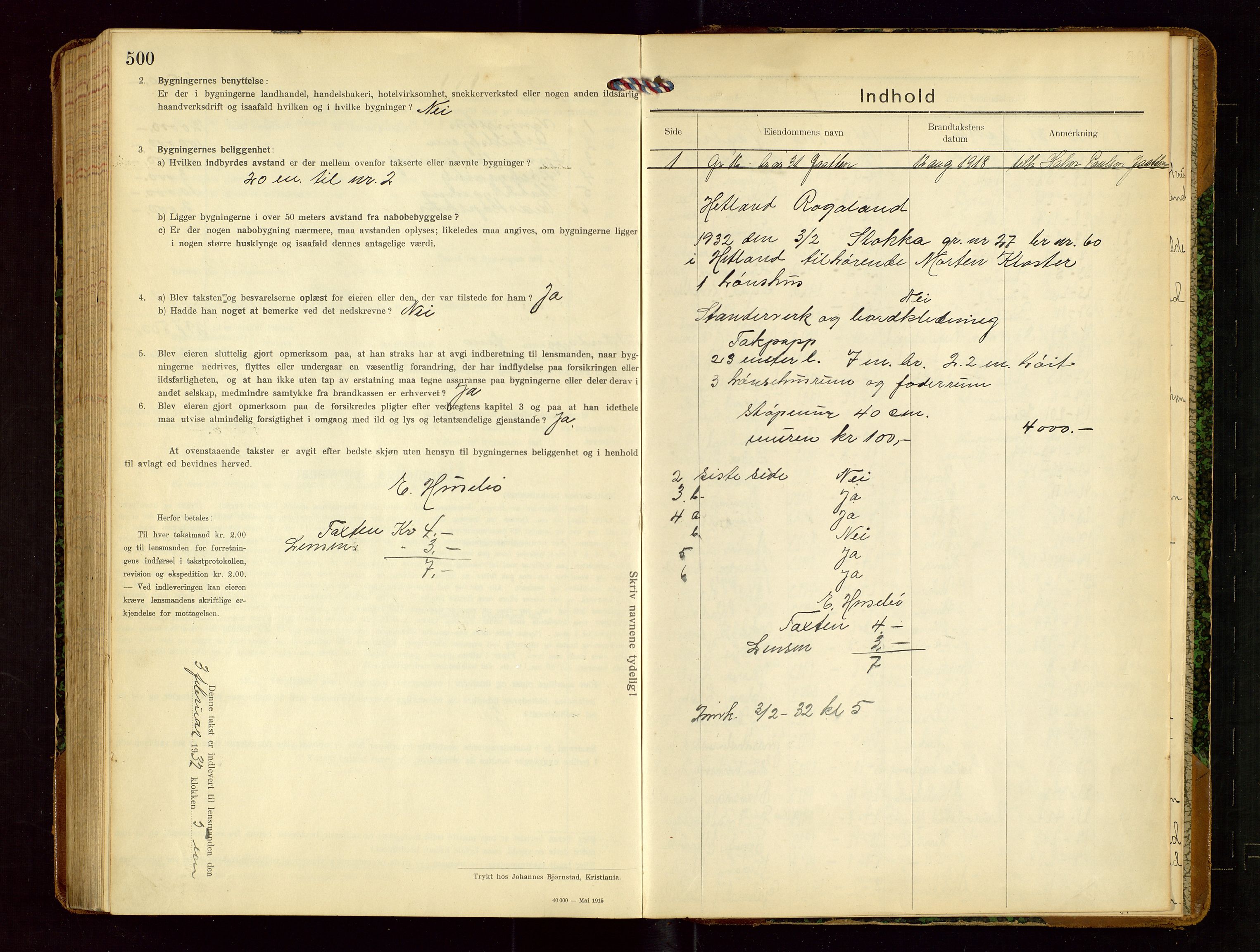 Hetland lensmannskontor, SAST/A-100101/Gob/L0002: "Brandtakstprotokol", 1918-1932, s. 500