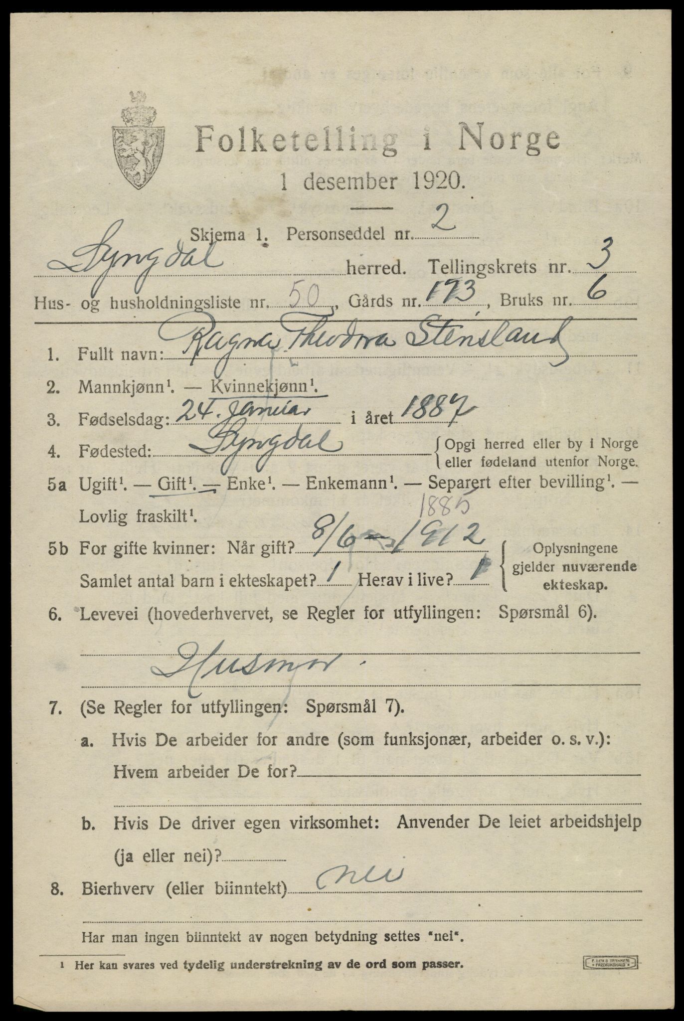 SAK, Folketelling 1920 for 1032 Lyngdal herred, 1920, s. 2325