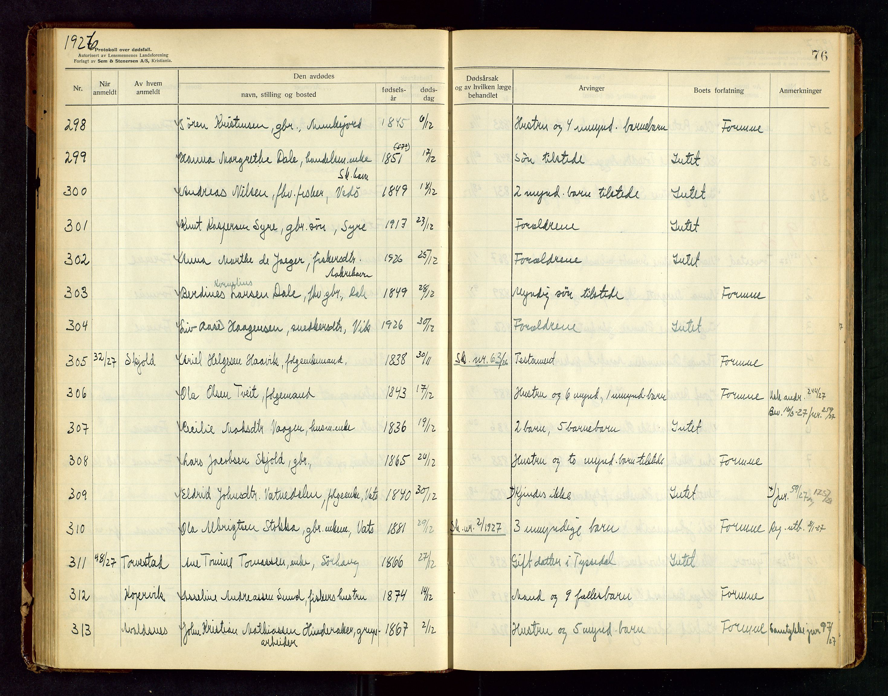 Karmsund sorenskriveri, SAST/A-100311/01/IV/IVAB/L0005: DØDSFALLSPROTOKOLL, 1923-1933, s. 76