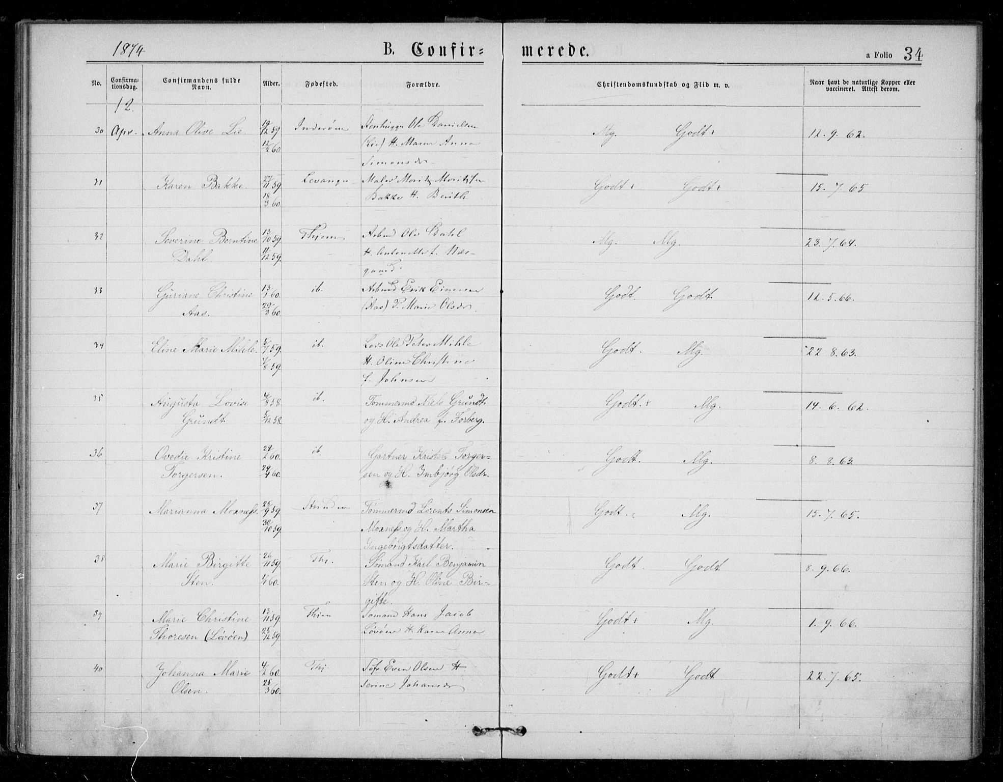Ministerialprotokoller, klokkerbøker og fødselsregistre - Sør-Trøndelag, SAT/A-1456/602/L0121: Ministerialbok nr. 602A19, 1872-1879, s. 34