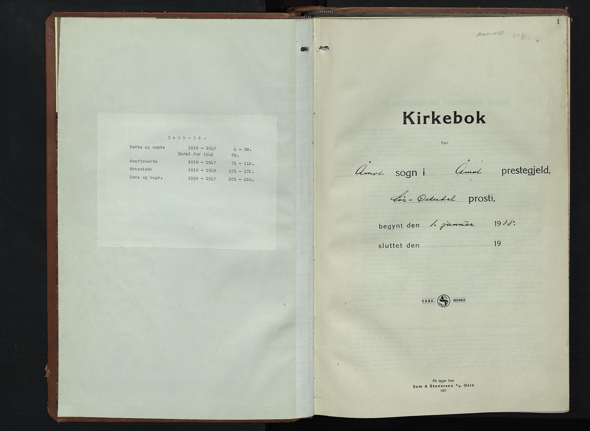 Åmot prestekontor, Hedmark, SAH/PREST-056/H/Ha/Hab/L0008: Klokkerbok nr. 8, 1938-1947, s. 1