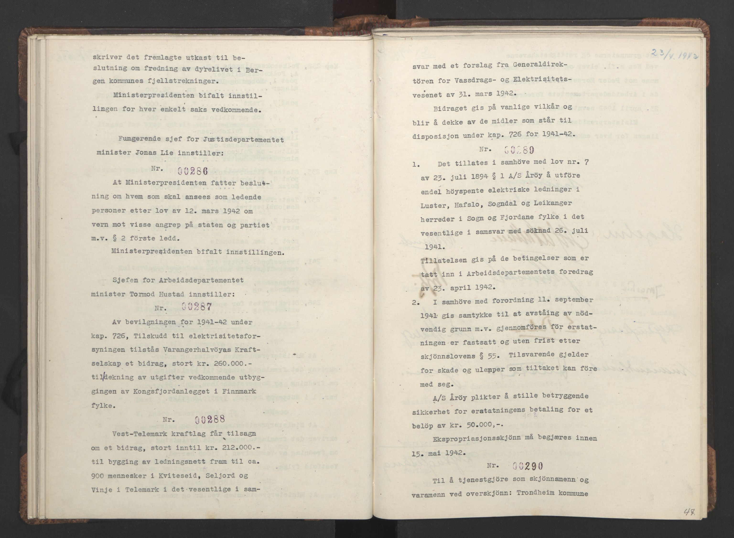 NS-administrasjonen 1940-1945 (Statsrådsekretariatet, de kommisariske statsråder mm), AV/RA-S-4279/D/Da/L0001: Beslutninger og tillegg (1-952 og 1-32), 1942, s. 50