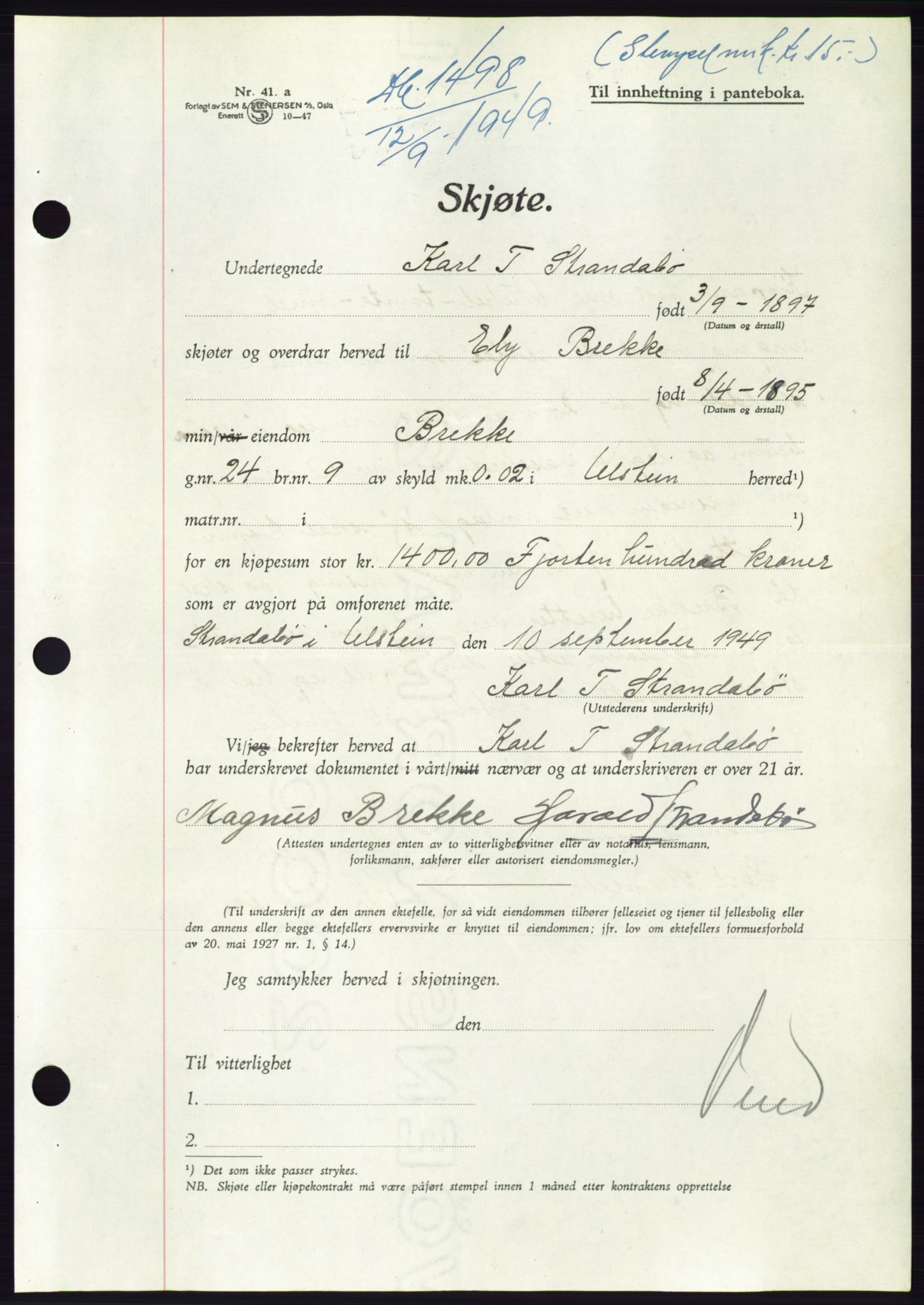 Søre Sunnmøre sorenskriveri, AV/SAT-A-4122/1/2/2C/L0085: Pantebok nr. 11A, 1949-1949, Dagboknr: 1498/1949