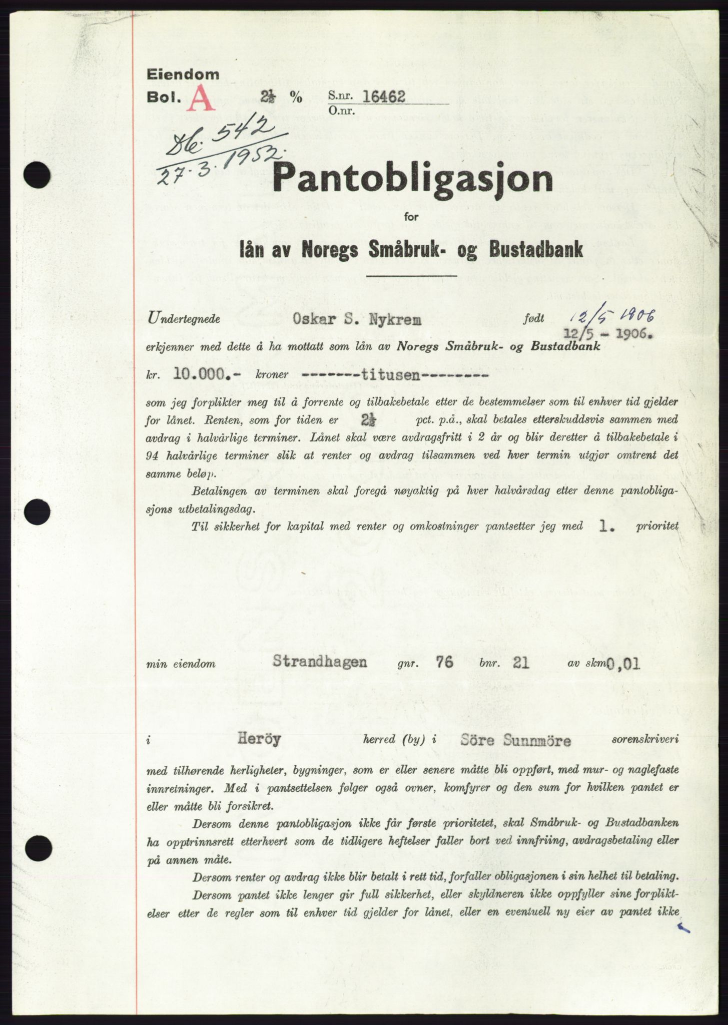 Søre Sunnmøre sorenskriveri, AV/SAT-A-4122/1/2/2C/L0121: Pantebok nr. 9B, 1951-1952, Dagboknr: 542/1952