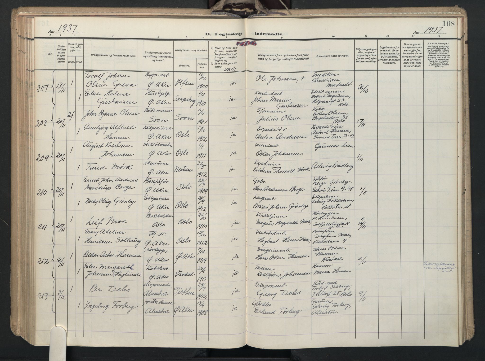 Østre Aker prestekontor Kirkebøker, AV/SAO-A-10840/F/Fa/L0015: Ministerialbok nr. I 15, 1934-1938, s. 168