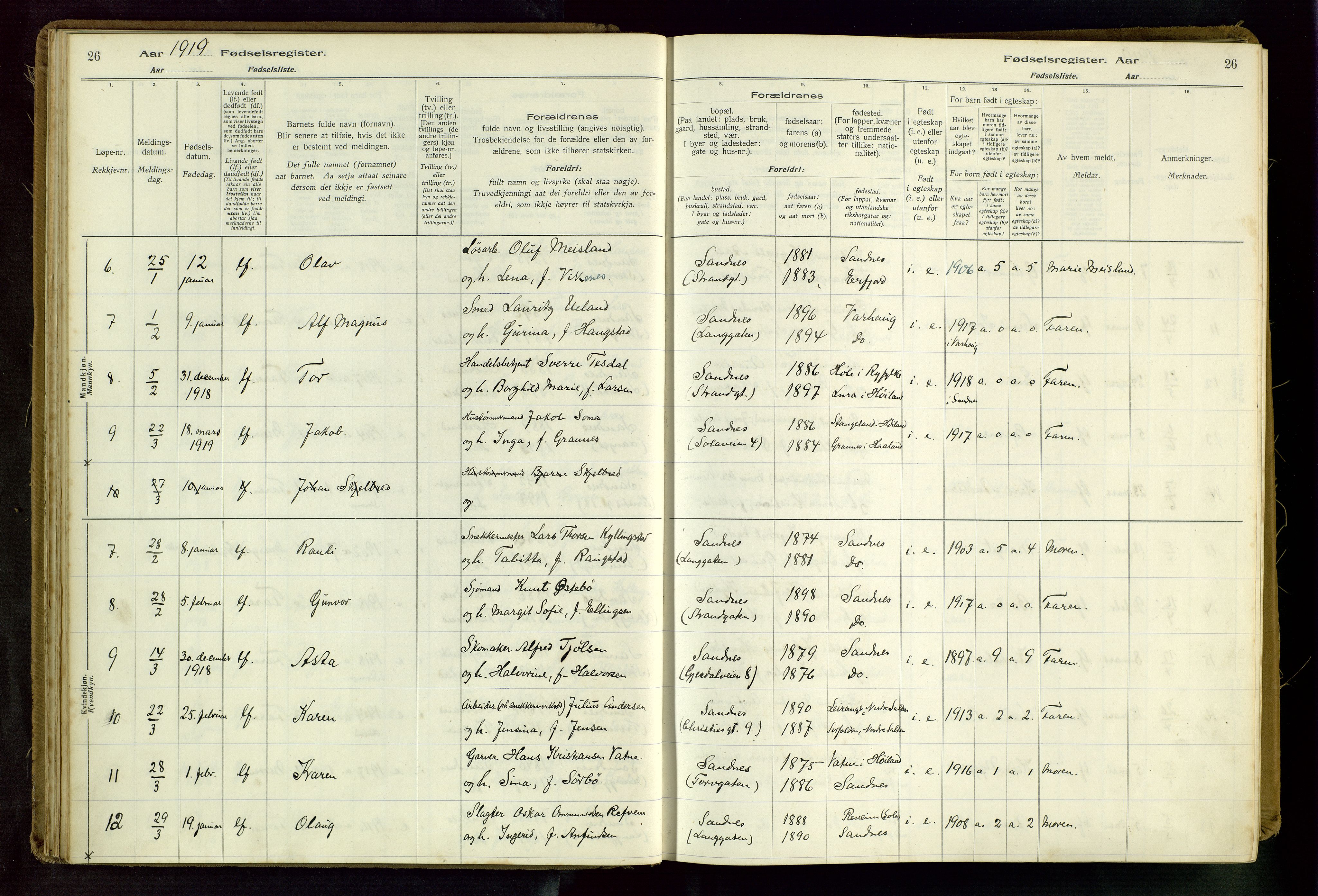 Sandnes sokneprestkontor, SAST/A-101800/704BA/L0001: Fødselsregister nr. 1, 1916-1942, s. 26