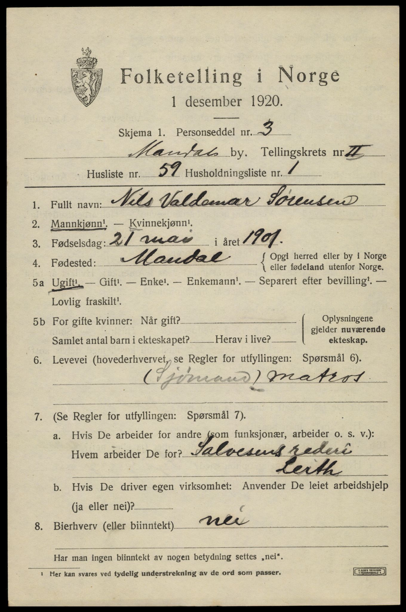 SAK, Folketelling 1920 for 1002 Mandal ladested, 1920, s. 4773
